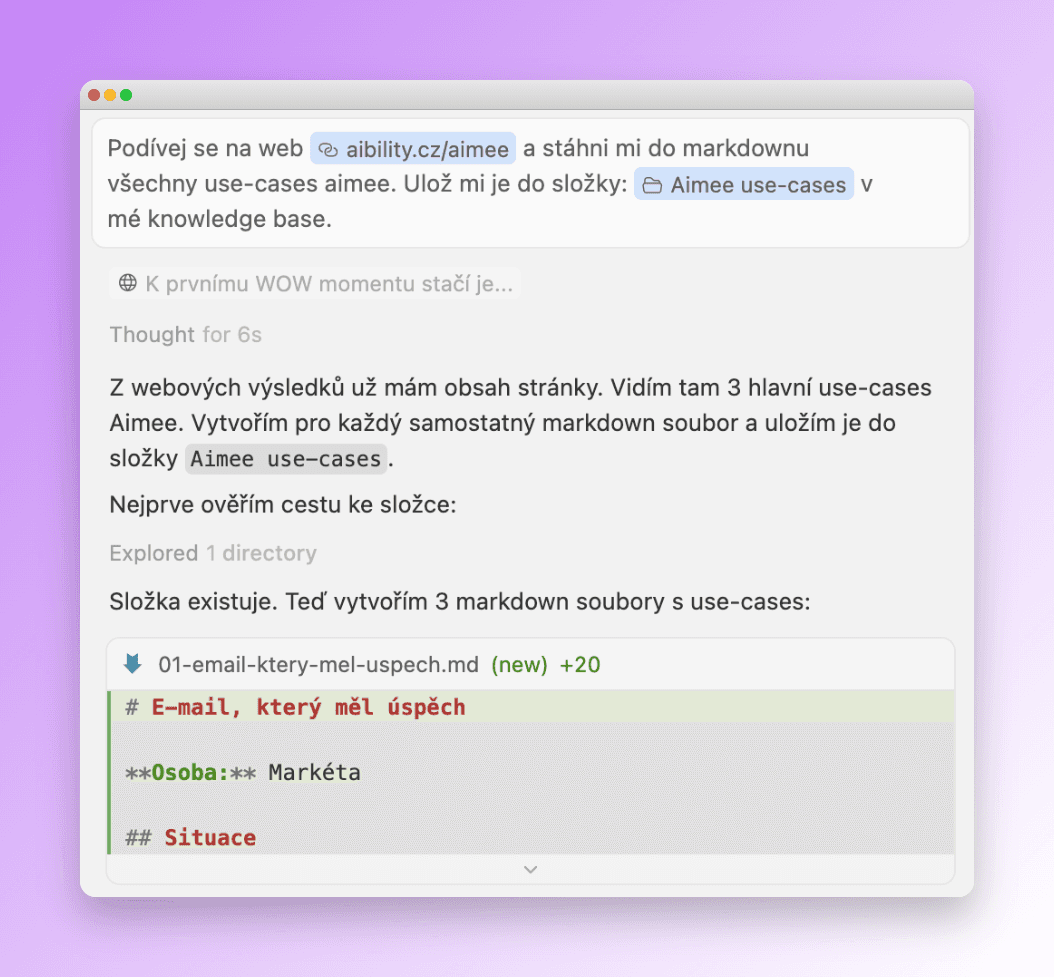 ukázka promptu na stažení informací z webu aibility a uložení jako markdown soubor do složky