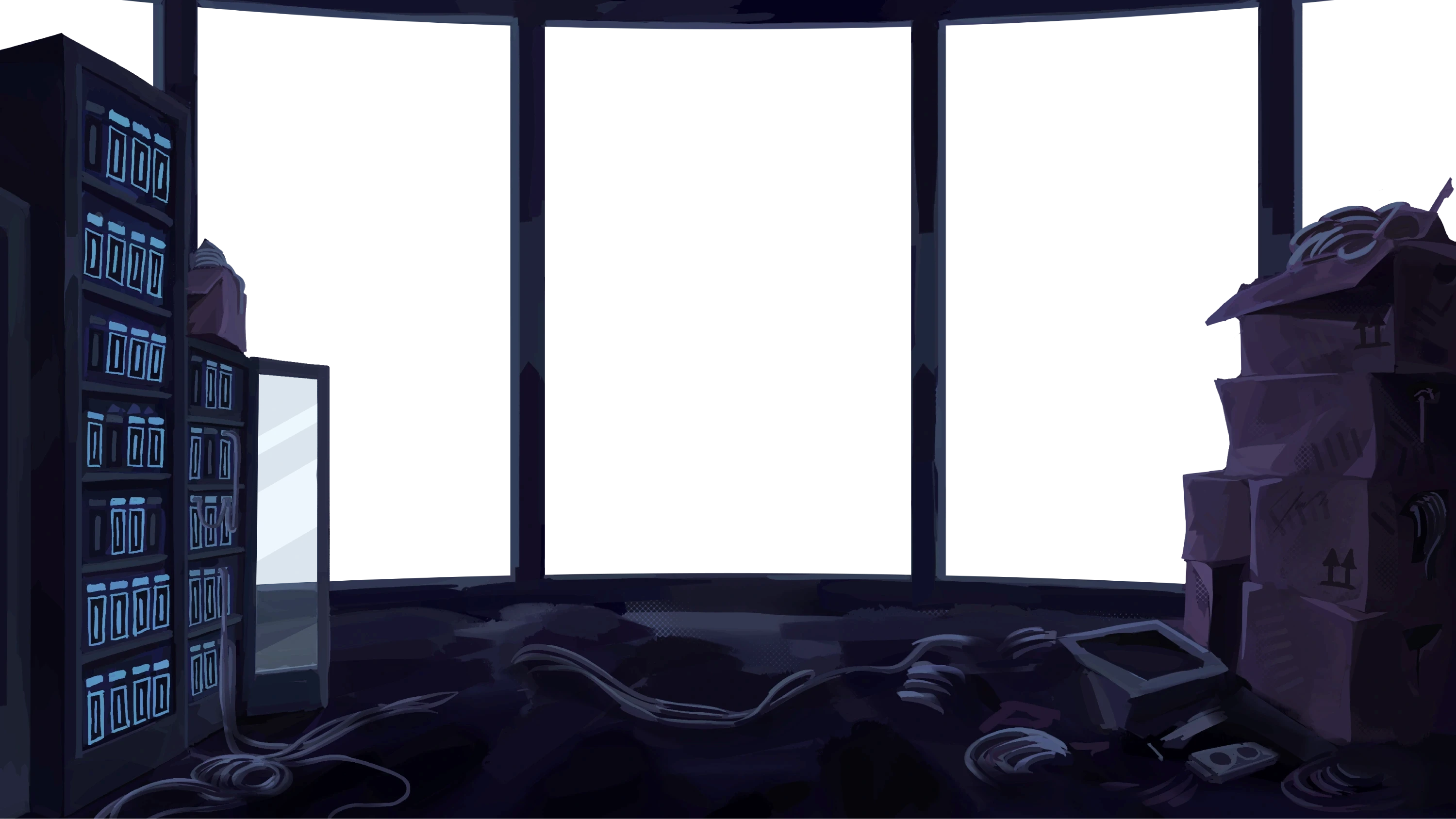 Midground layer of the final panel: The interior room with server racks, glowing screens, and many loose cables and boxes.