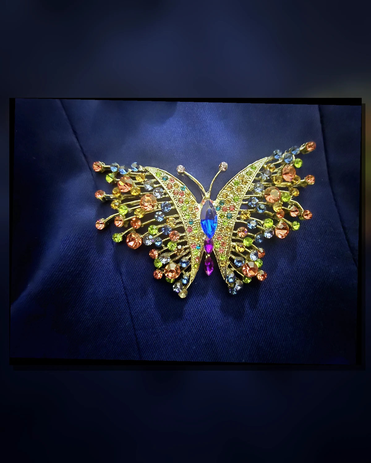 Direct-flash macro of the original multicolor butterfly brooch on the Wonder Suit fabric.