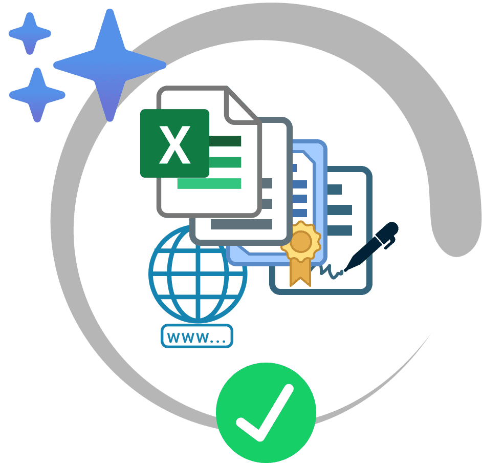 A digital illustration featuring Excel documents alongside certified documents with a pen, surrounded by a globe and circular sweep, with stars above and a checkmark below.