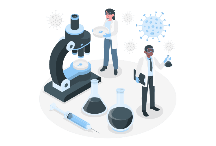 Illustration of scientists working with microscopes, lab equipment, and virus graphics.
