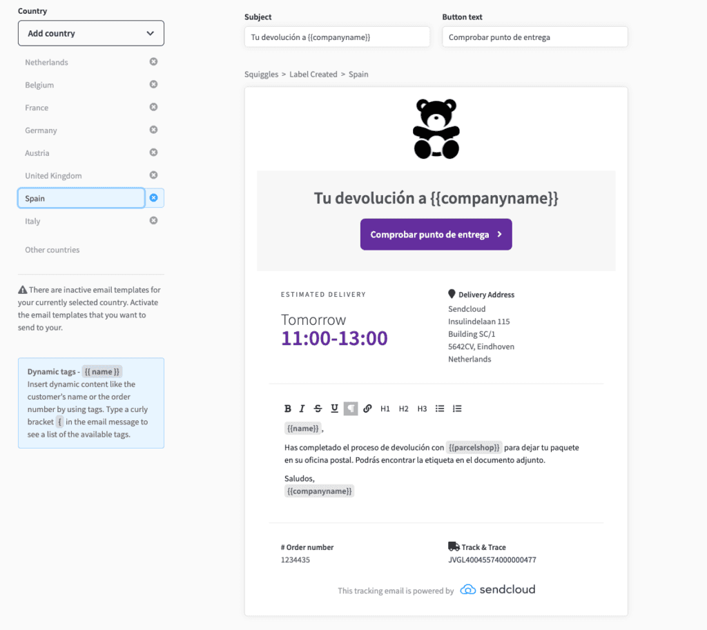 sendcloud localised tracking email