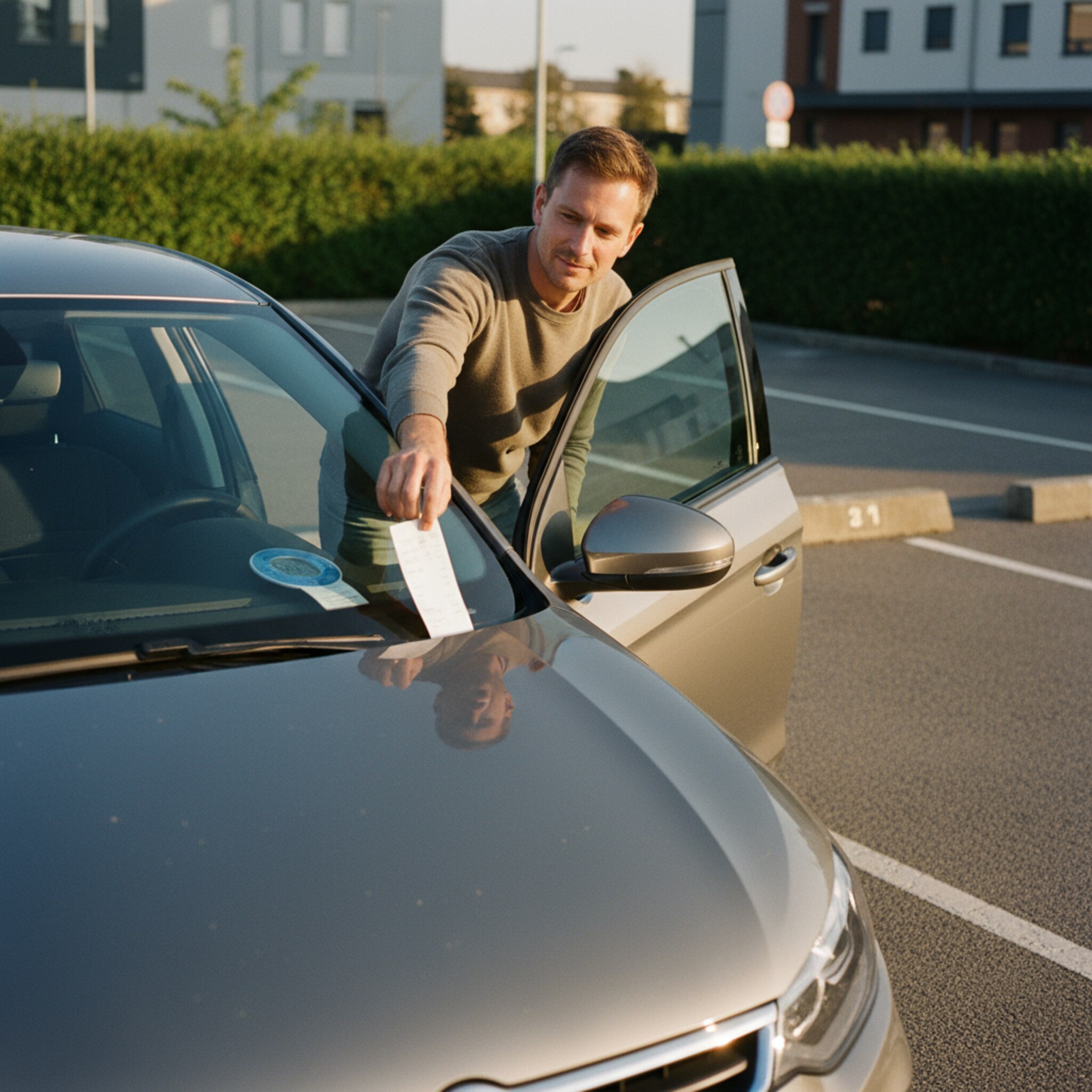 Ein Fahrer schiebt einen schmalen Papierbeleg hinter die Windschutzscheibe neben eine blaue Parkscheibe. Warmes Nachmittagslicht betont die klaren Stellplatzlinien und eine dezente Nummer an der Bordsteinkante. Die Szene wirkt ordentlich, nachvollziehbar und ruhig, ohne technische Ablenkung.