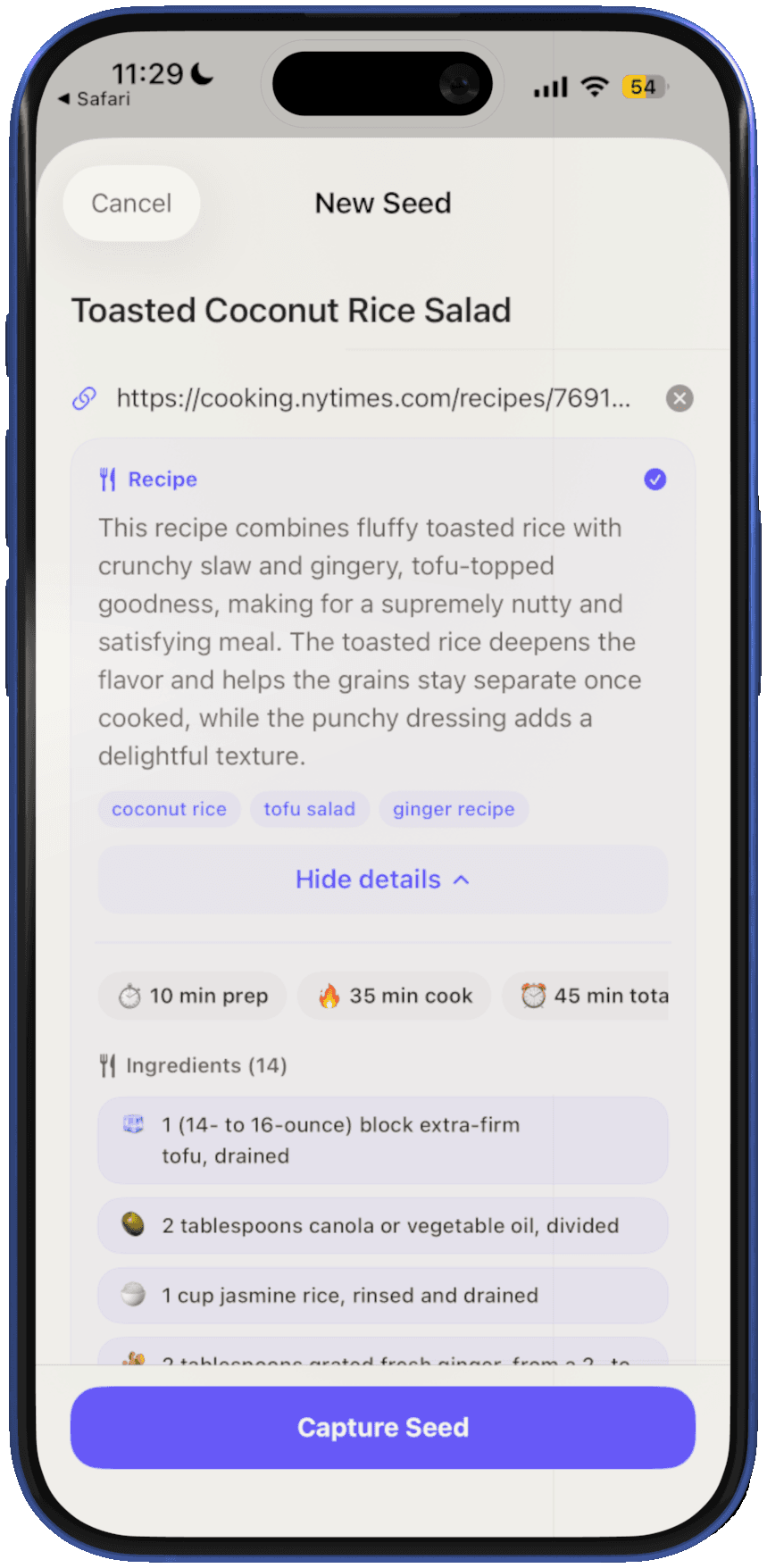 GrowGrid capture sheet auto-extracting a recipe, showing summary and tags