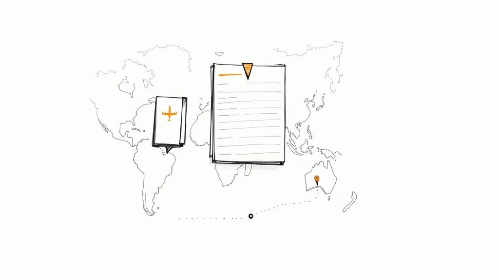 World map with illustrated documents, tablet, and location markers showing global executive assistant coordination