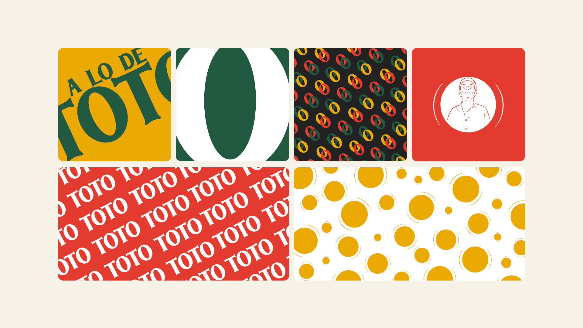 Gráfico con cuatro patrones visuales: rayas, hojas, cuadros y puntos, aplicados a la identidad de marca.