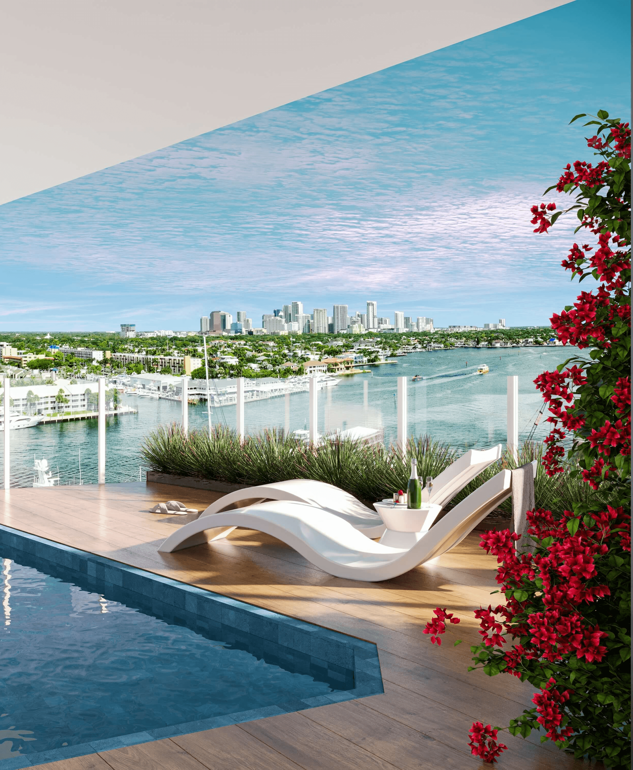 Private rooftop pool terrace with modern lounge chairs, wood decking, and sweeping waterfront skyline views.