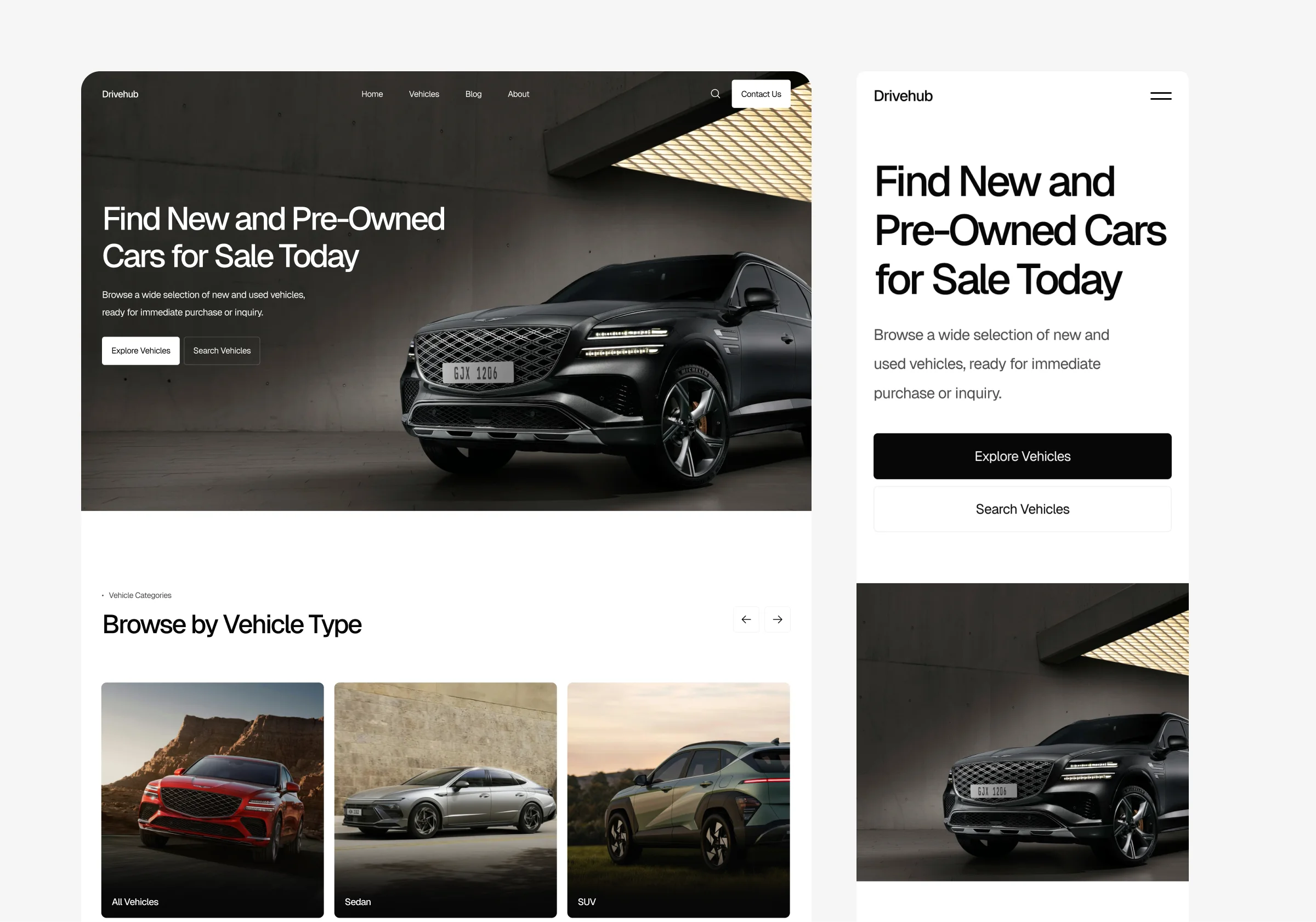 Car dealership website homepage with featured new and used vehicles and call to action buttons