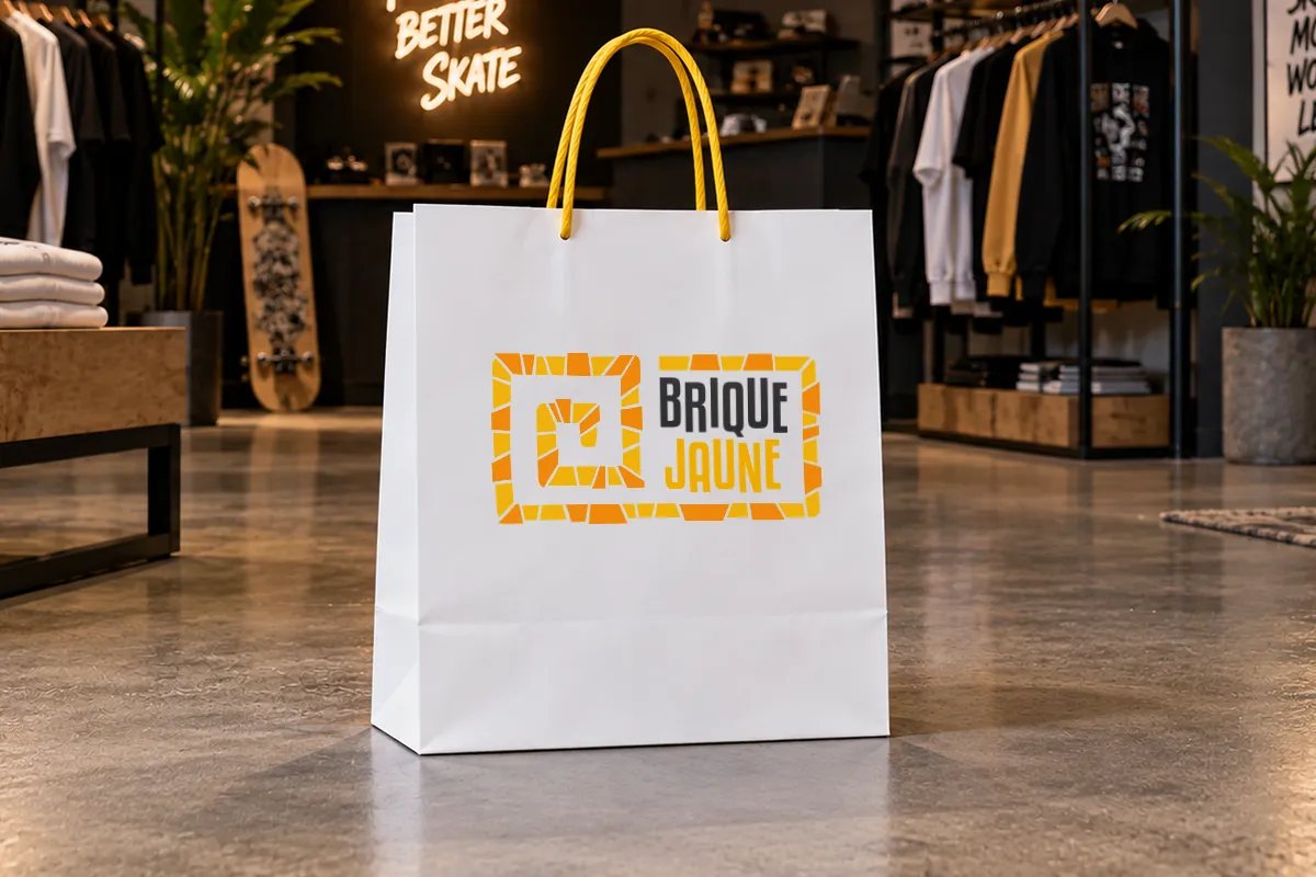 Logo Brique Jaune finalisé appliqué sur un sac dans une boutique