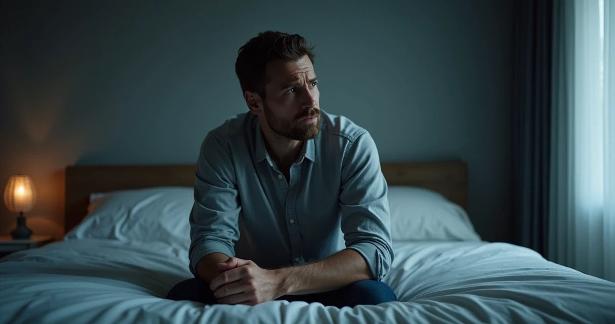 Homem sentado sozinho na beira da cama com expressão preocupada, luz suave e ambiente escuro. 