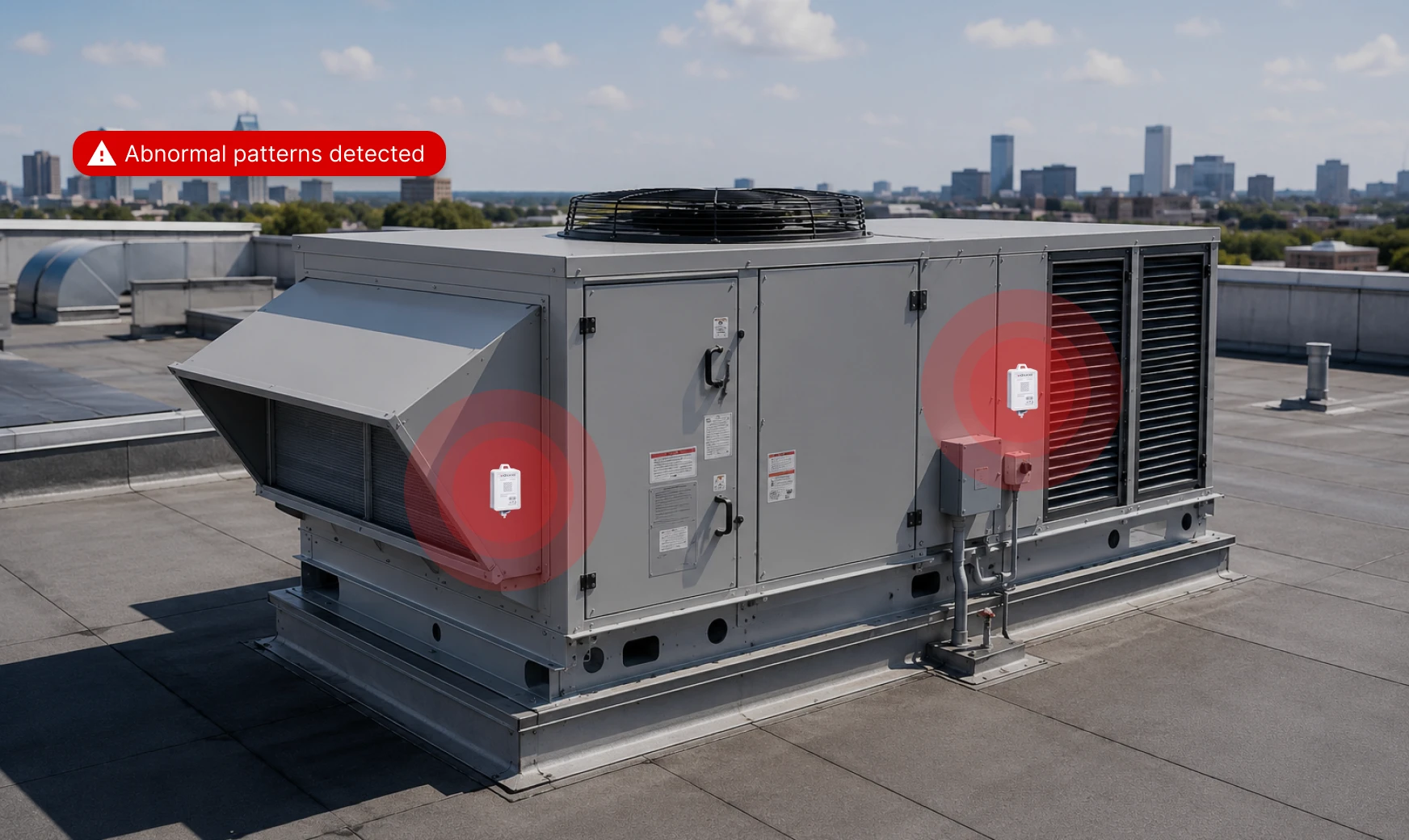 Rooftop HVAC unit with an abnormal-patterns-detected alert routed into Monaire's maintenance workflow