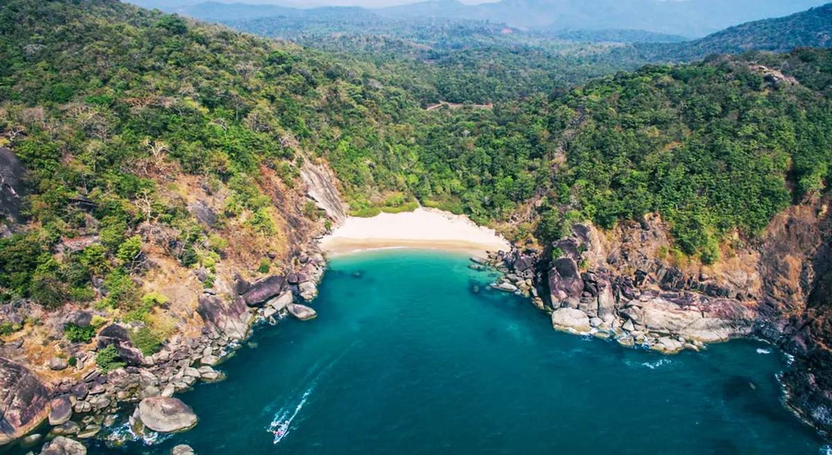 Aerial view of Butterfly Beach's hidden cove in South Goa