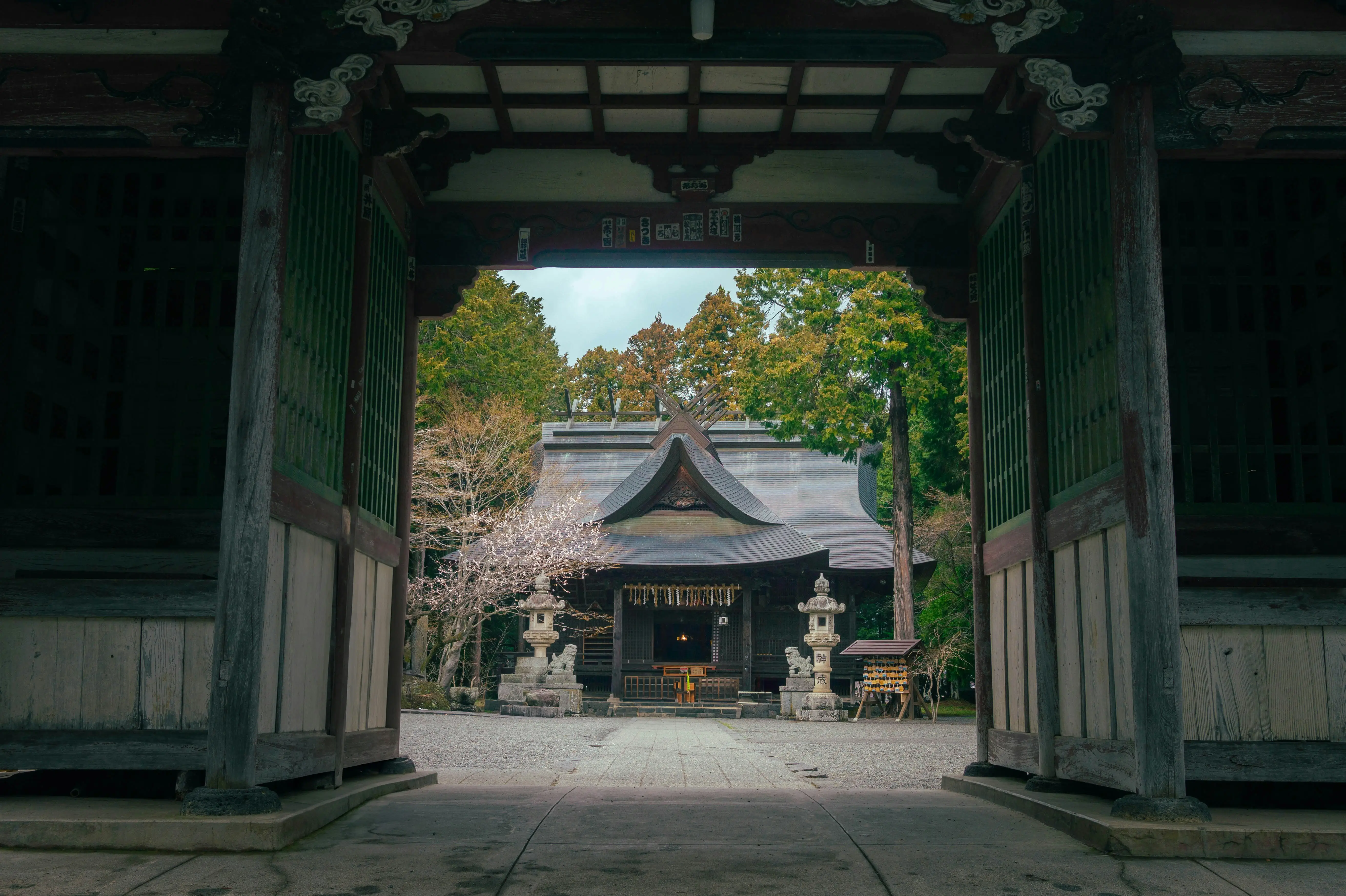Traditional Japanese architecture featuring a Shinto shrine, stone lanterns, and lush forest greenery in Japan.