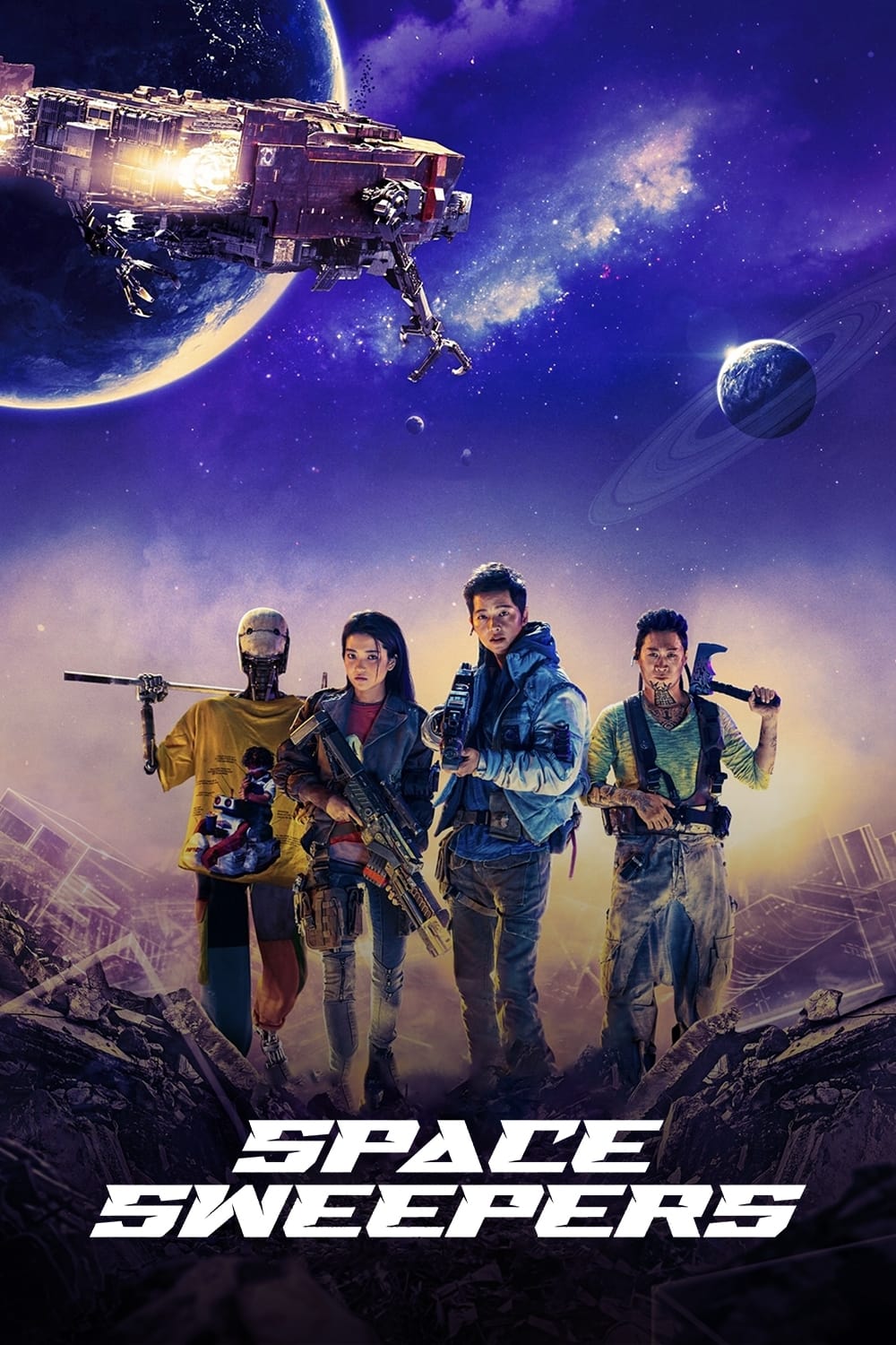 Space sweepers poster, showing the main characters posing in front of a sci-fi space scene that shows a space ship and a planet in the distance.