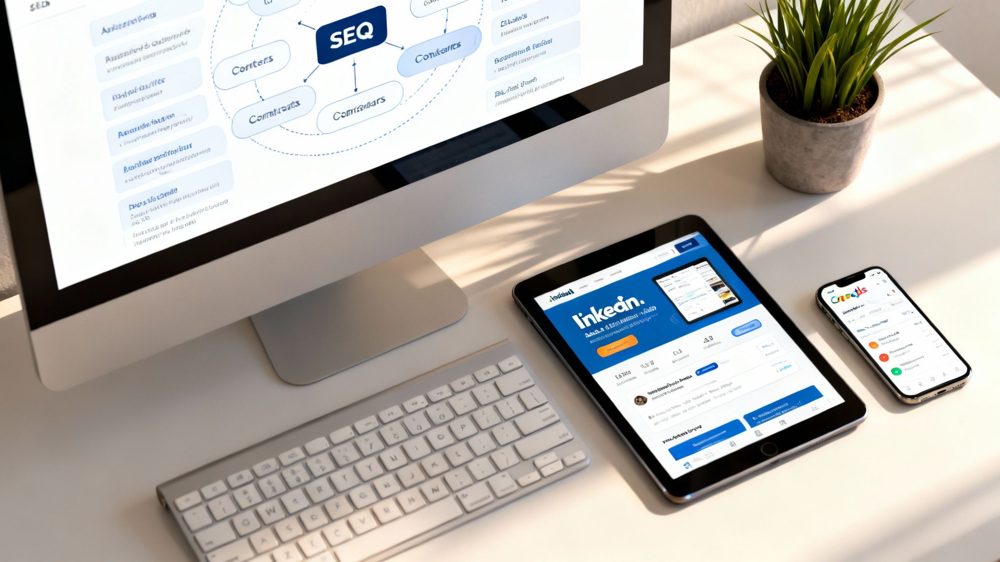 Digital marketing workspace showing SEO strategy on desktop monitor with LinkedIn on tablet and mobile devices