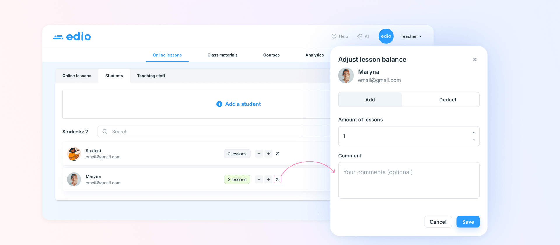 edio's adjust lesson balance modal open next to the students list, showing add and deduct options with an amount field and optional comment.