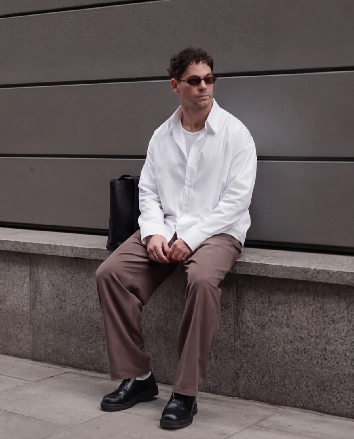 White Shirt with Brown Wide-Leg Trousers