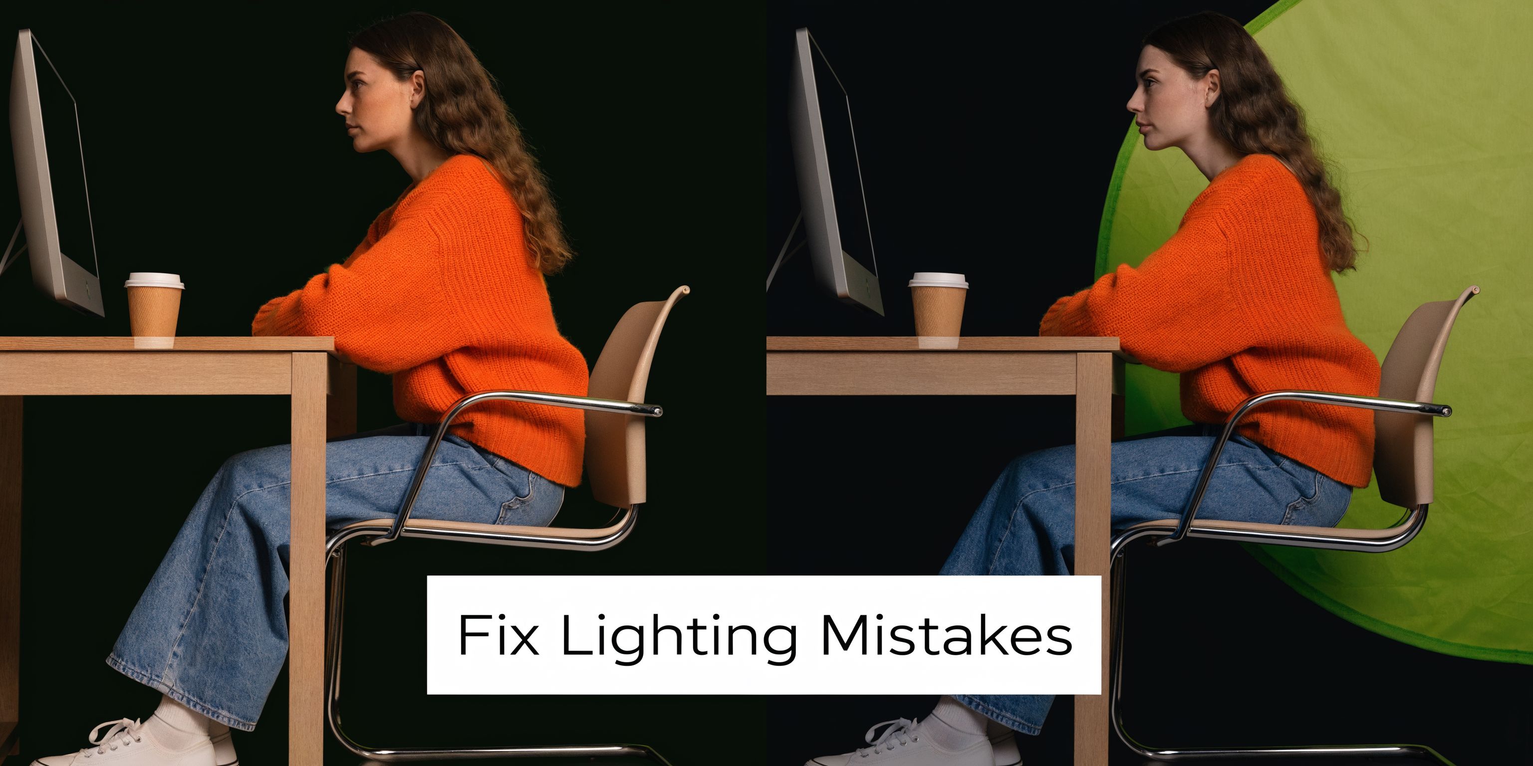 A split screen comparing a subject sitting at a desk with poor versus good lighting for video recording.