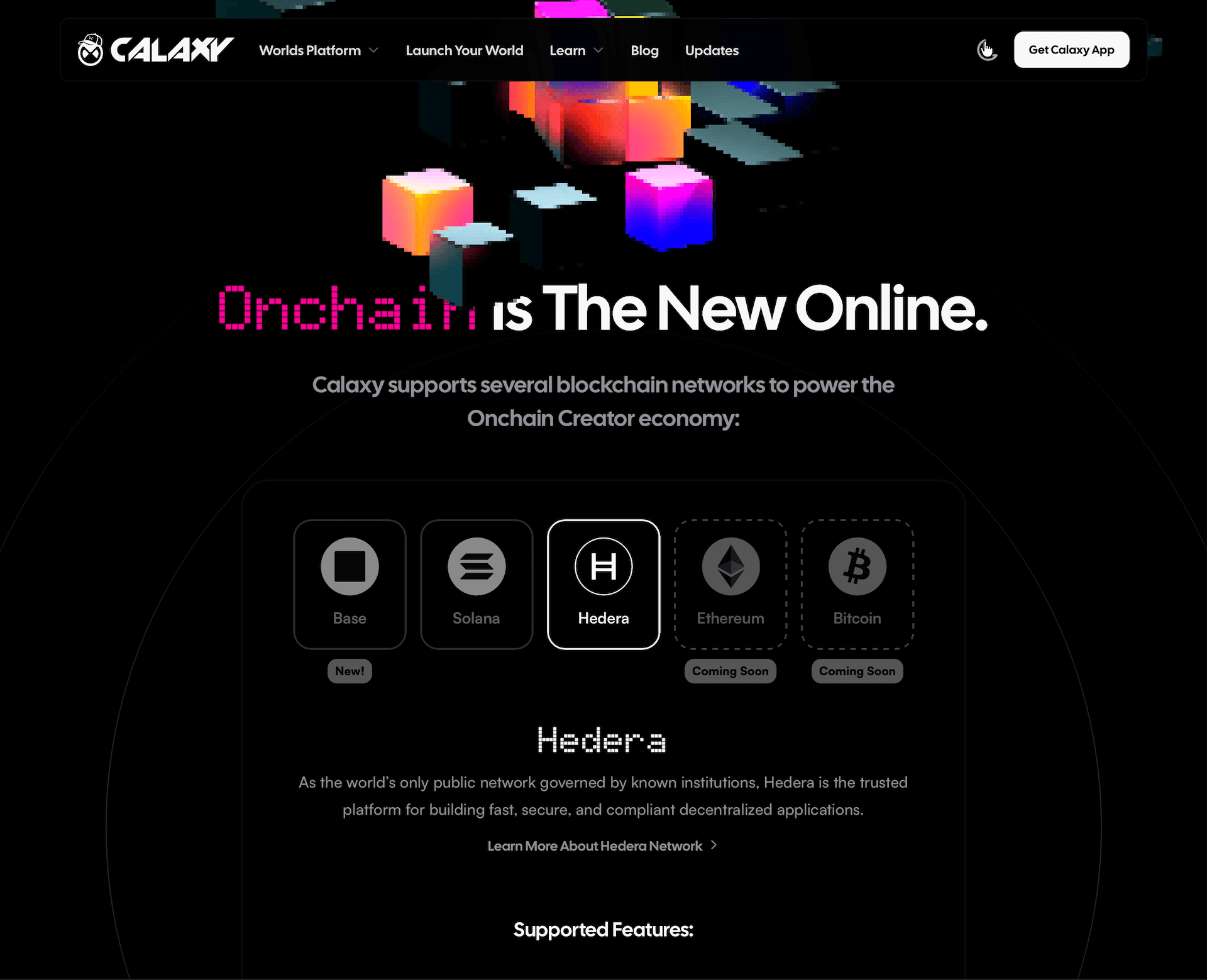 Calaxy website blockchain networks dark mode - Onchain Is The New Online with Base, Solana, Hedera active and Ethereum, Bitcoin coming soon, featuring Hedera network details