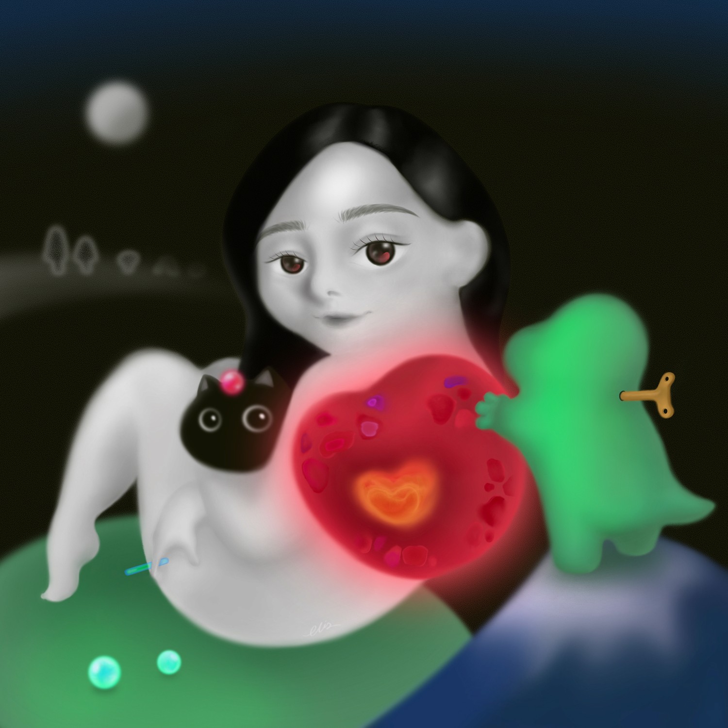 bylittleelise digital artwork inspired by human emotion mythology and nostalgia A stylized illustration of a woman holding a red apple, with a green figure beside her against a dark background.