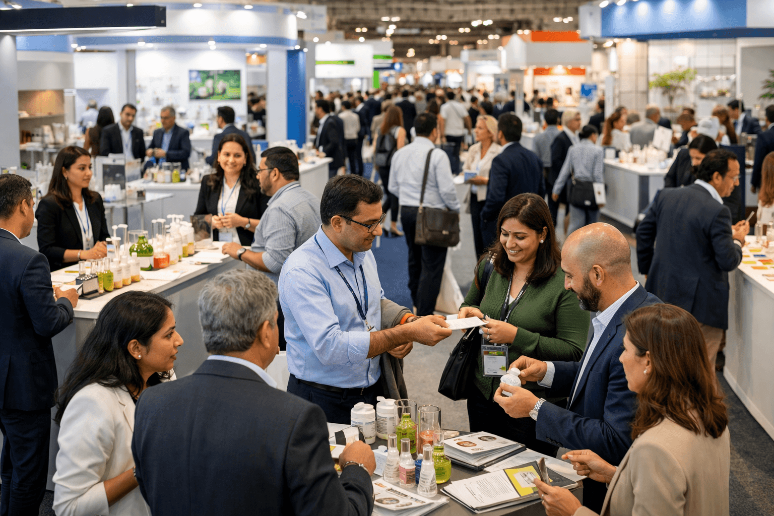 Cosmetic and home care ingredients expo at Pragati Maidan Delhi with ingredient suppliers and buyers networking on the exhibition floor at CHCI 2026