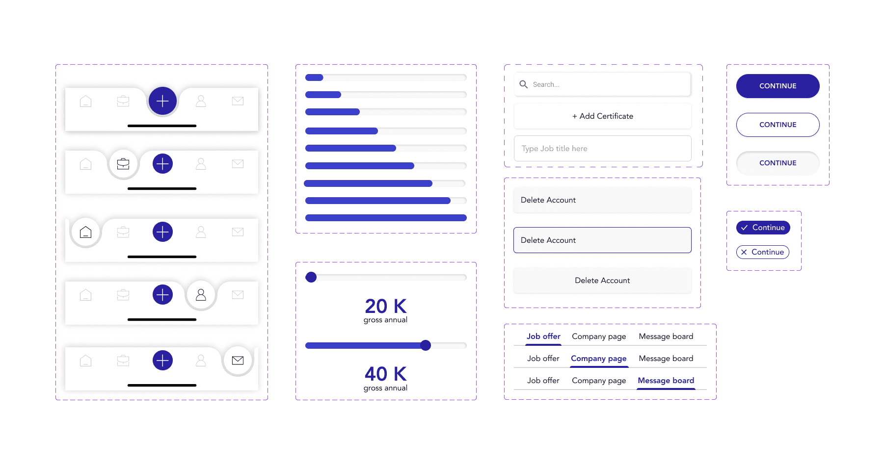 UI-Komponenten der BTalent App, Navigationsleisten, Slider, Formularfelder und Buttons