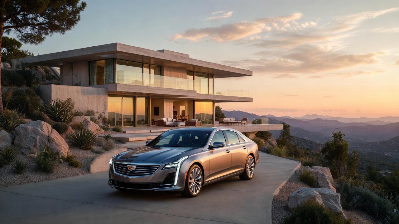Luxury sedan parked on a driveway in front of a modern, glass-walled house. The scene is set during sunset with a mountainous landscape in the background.