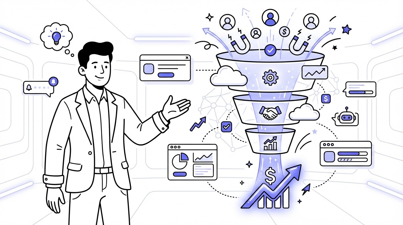 An illustration of a confident founder overseeing a glowing, AI-powered sales funnel, symbolizing predictable revenue and efficient growth in a modern tech environment.