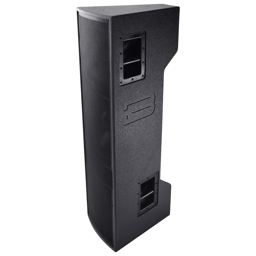 Black trapezoidal speaker with mesh front and visible hardware.