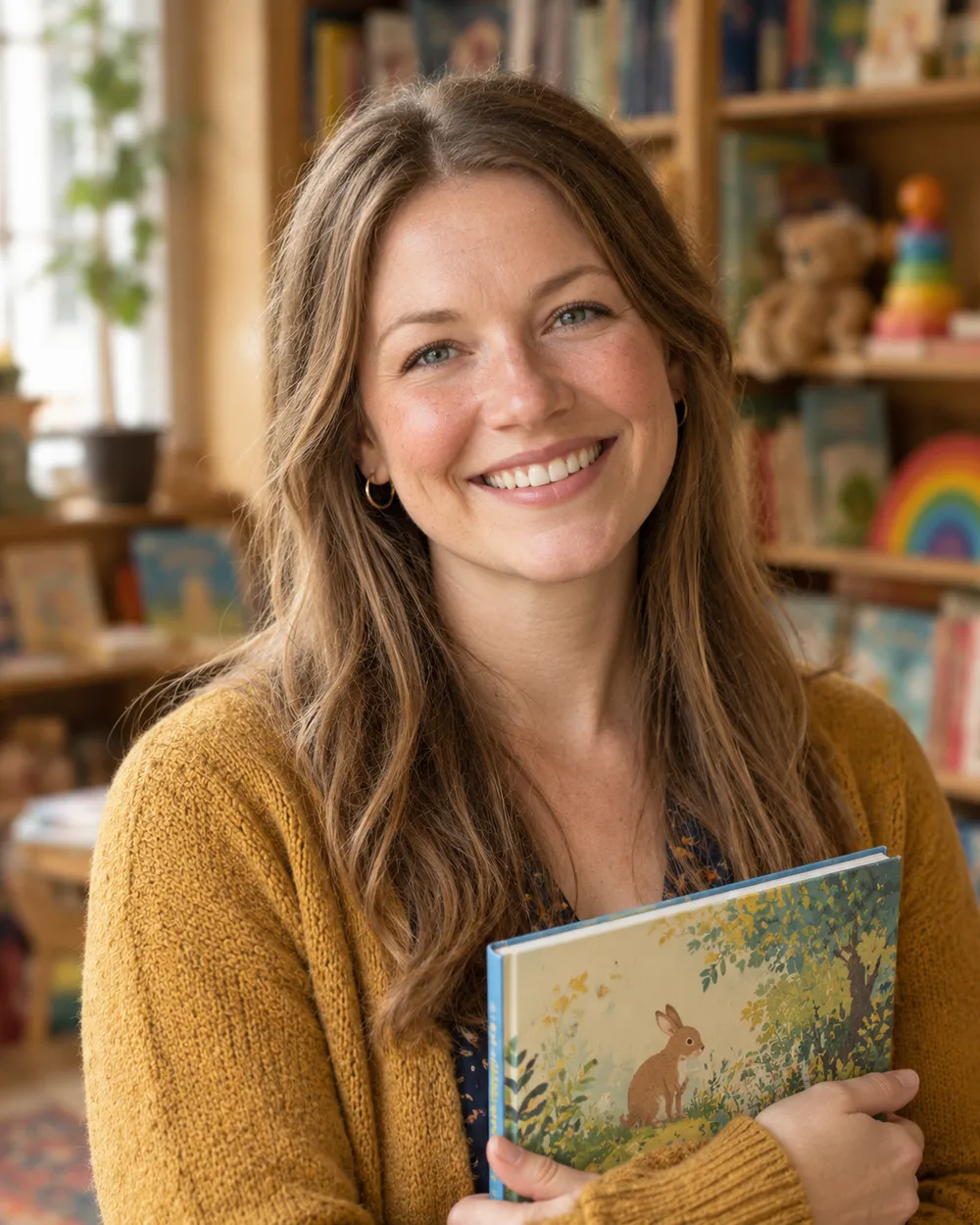 Maya Lindgren holding a picture book