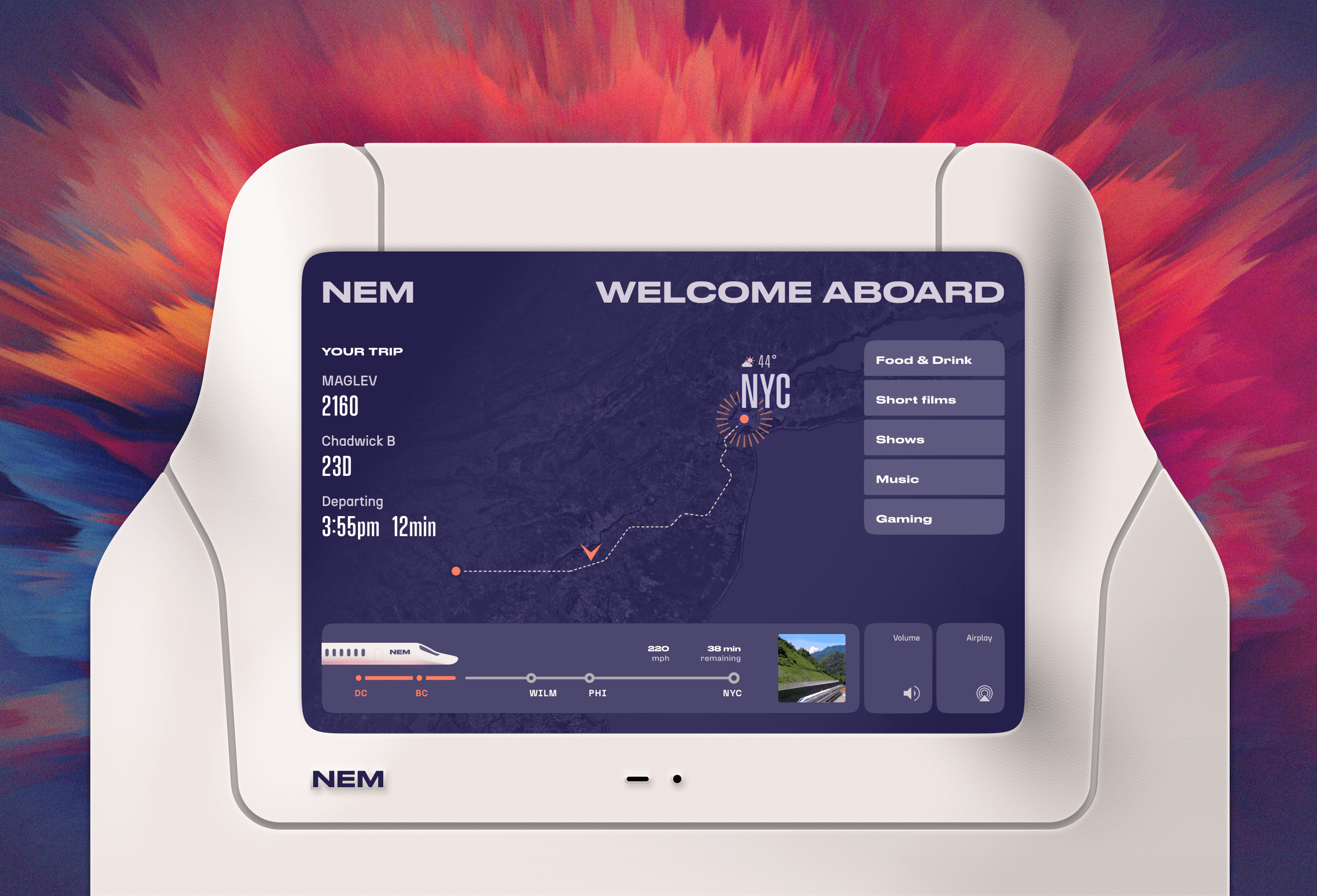 NEM in train entertainment seat mockup