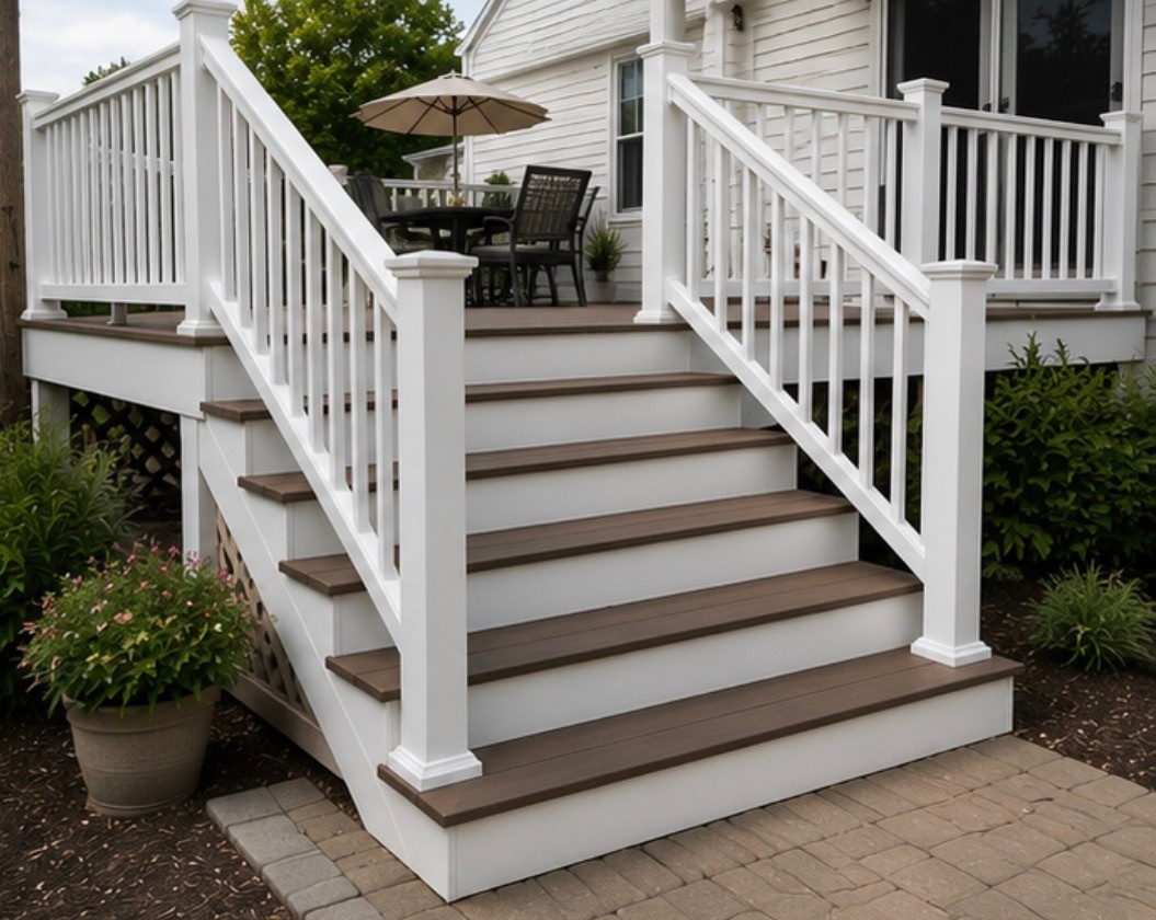 Finished backyard deck with seating and railing