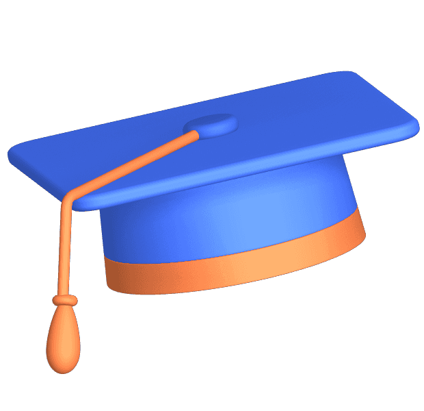 3D blue graduation cap with an orange tassel.