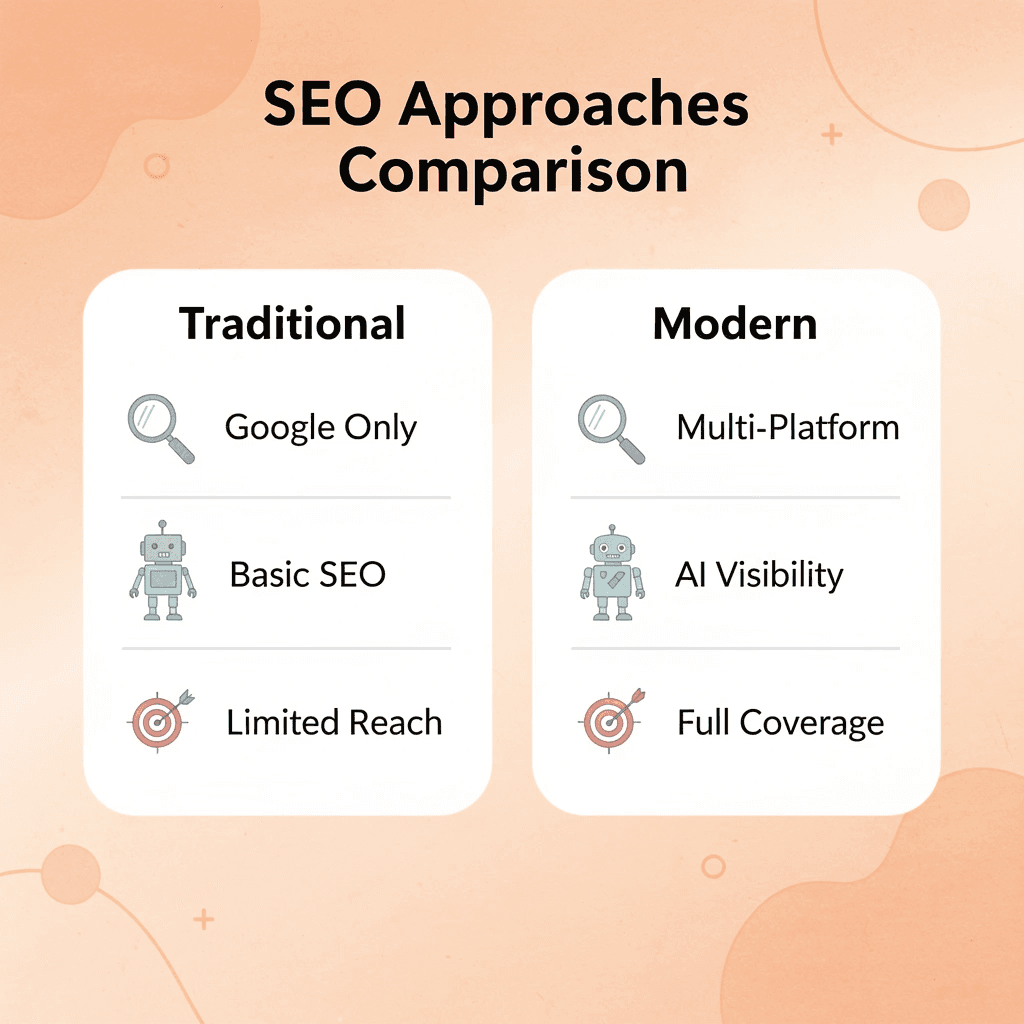 Comparison between traditional and modern SEO approaches showing differences in platform focus, techniques, and reach