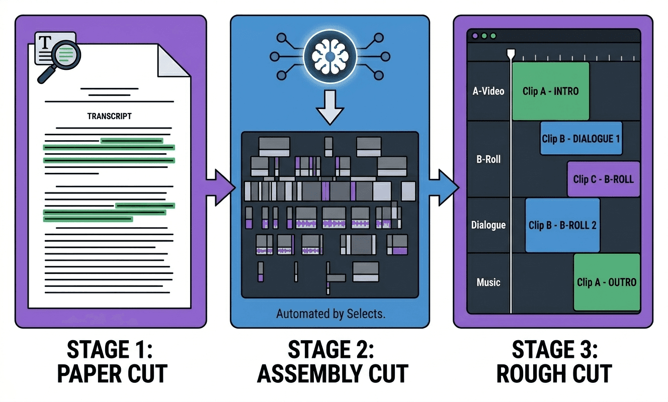 Three-stage editing workflow diagram showing the progression from paper cut to assembly cut to rough cut, with Selects automating the assembly stage