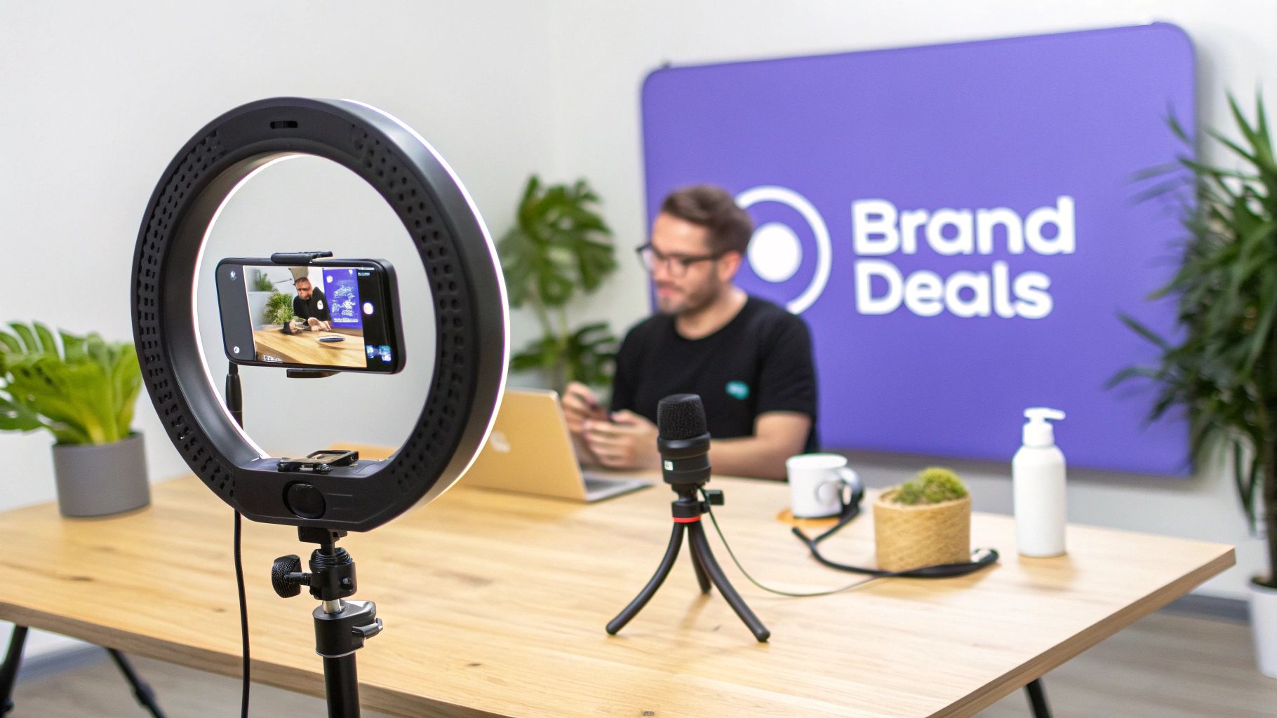 Man live-streaming with a ring light, smartphone, and microphone at a desk with a 'Brand Deals' banner.