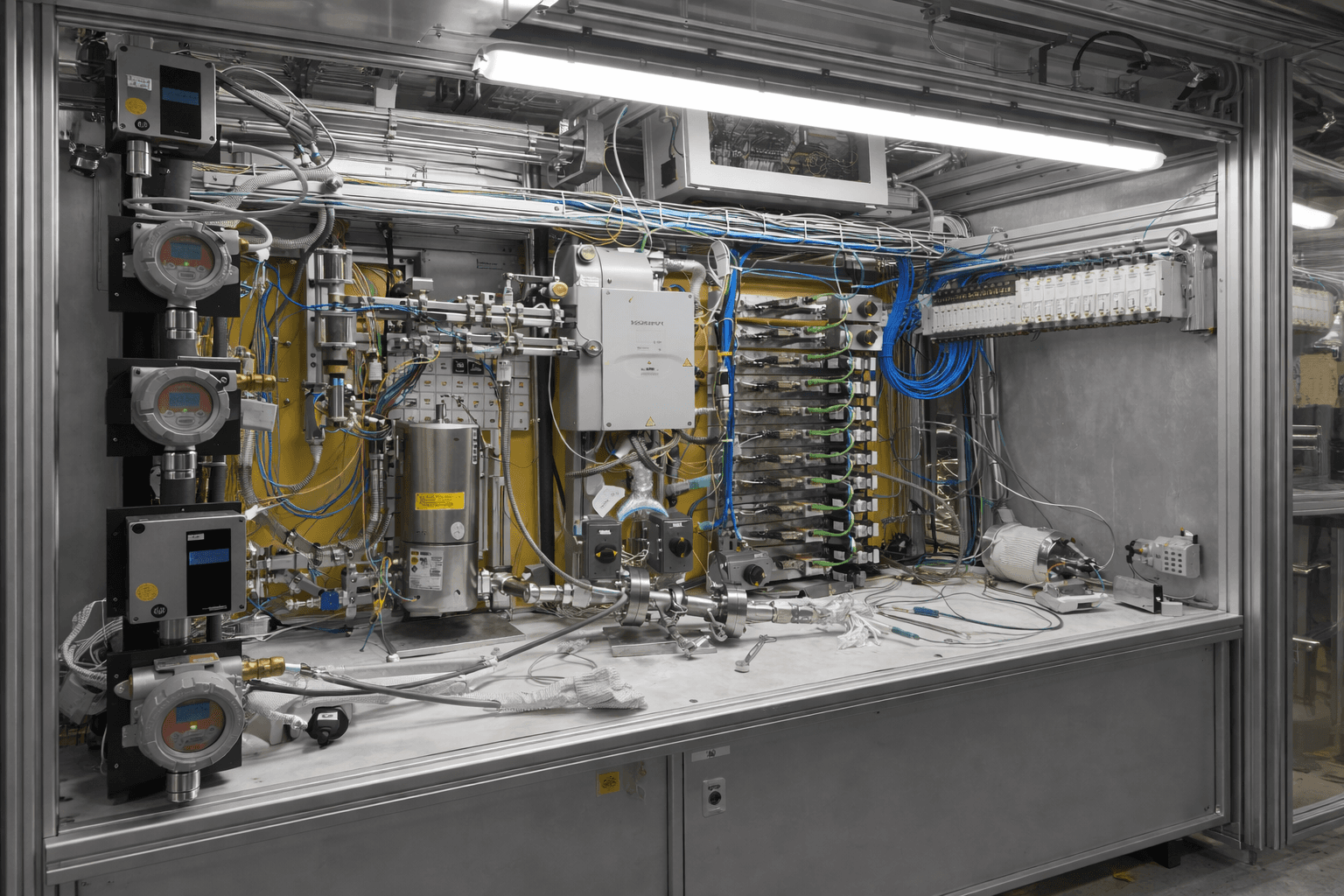 A man stands while two people sit at a table in an office setting, smiling and engaged in conversation. The mood is friendly and collaborative.
