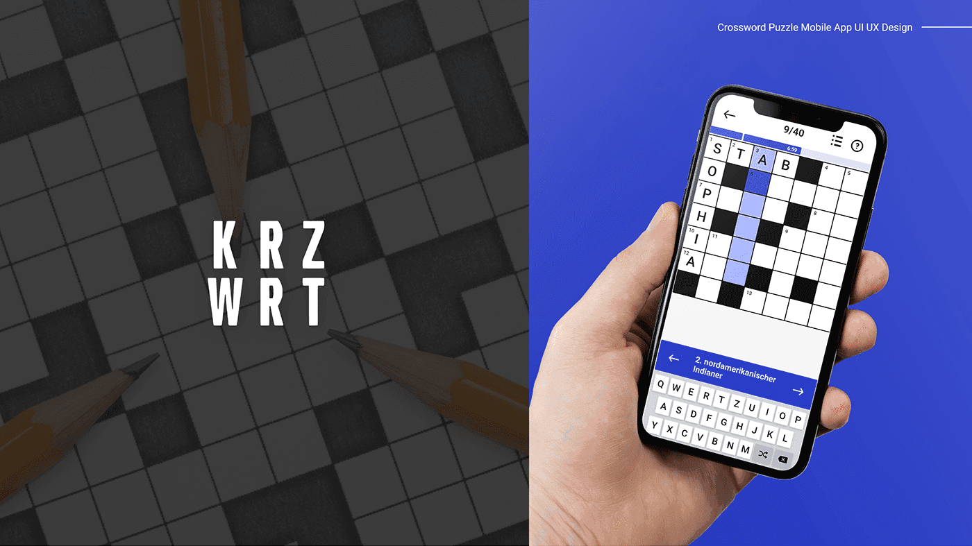 Crossword mobile app UI/UX design for German users with clean and minimal interface.