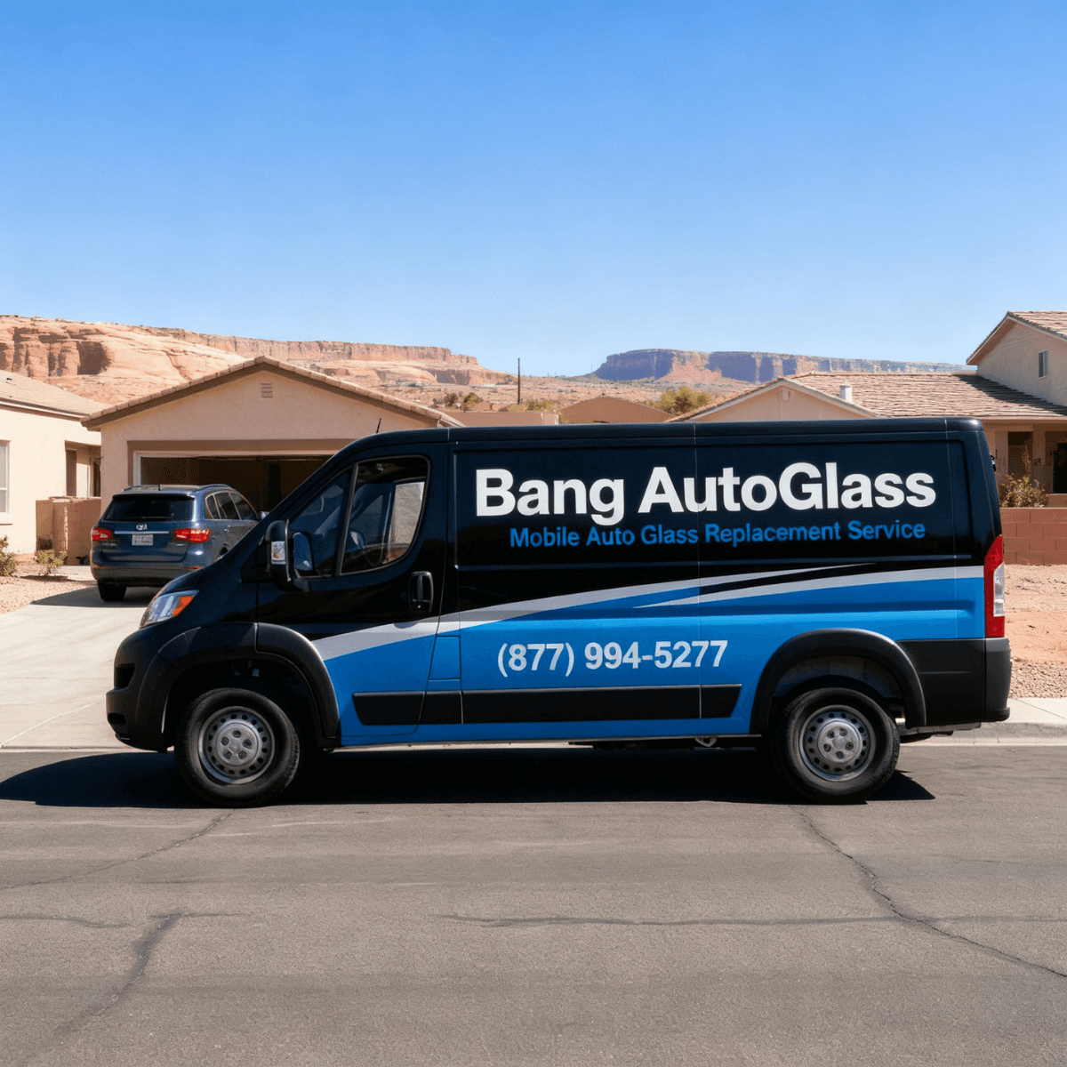 Bang AutoGlass van stationed near the red sandstone cliffs of Page, AZ for a home windshield replacement service