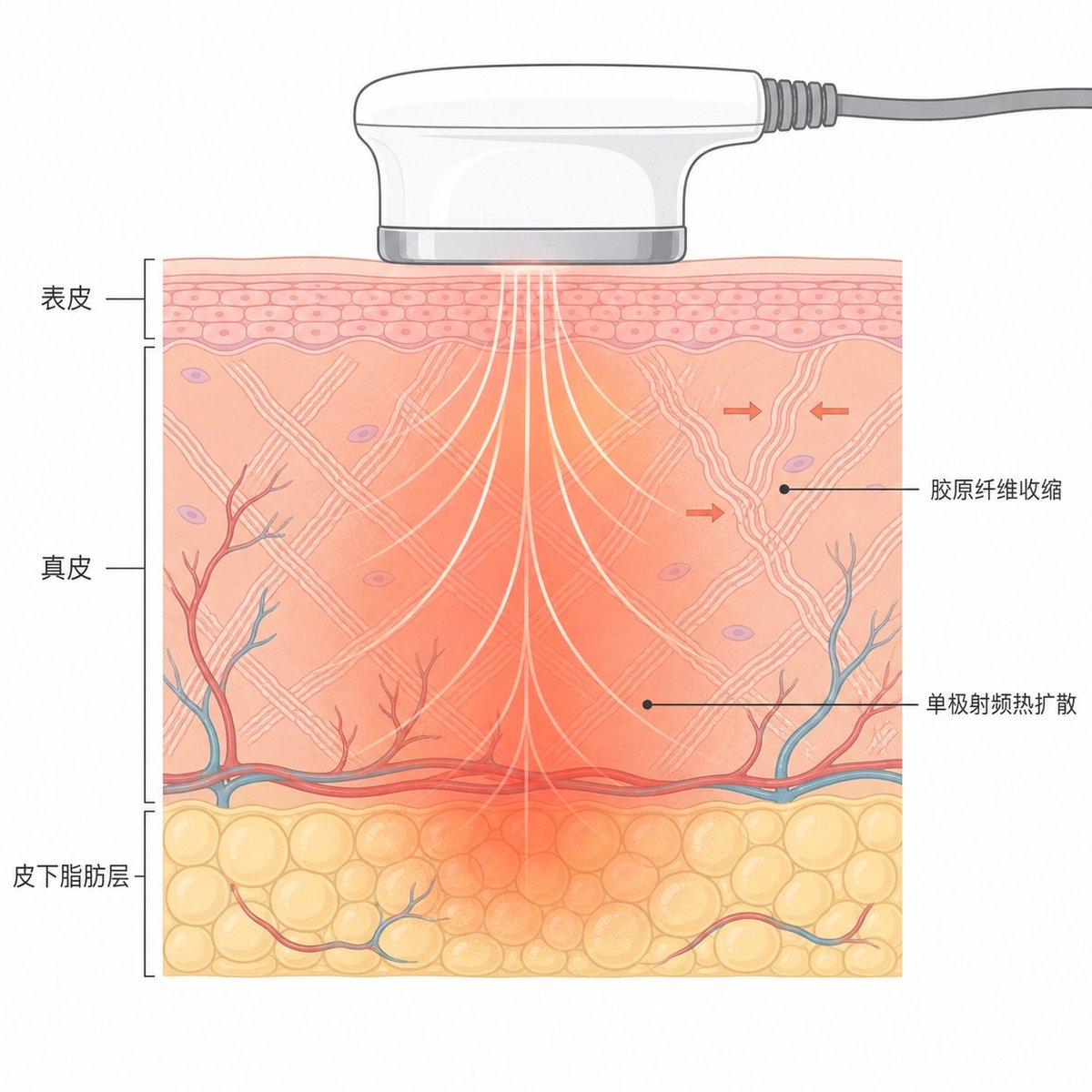 面部皮肤分层示意图，标注单极射频热量由真皮向皮下脂肪层扩散