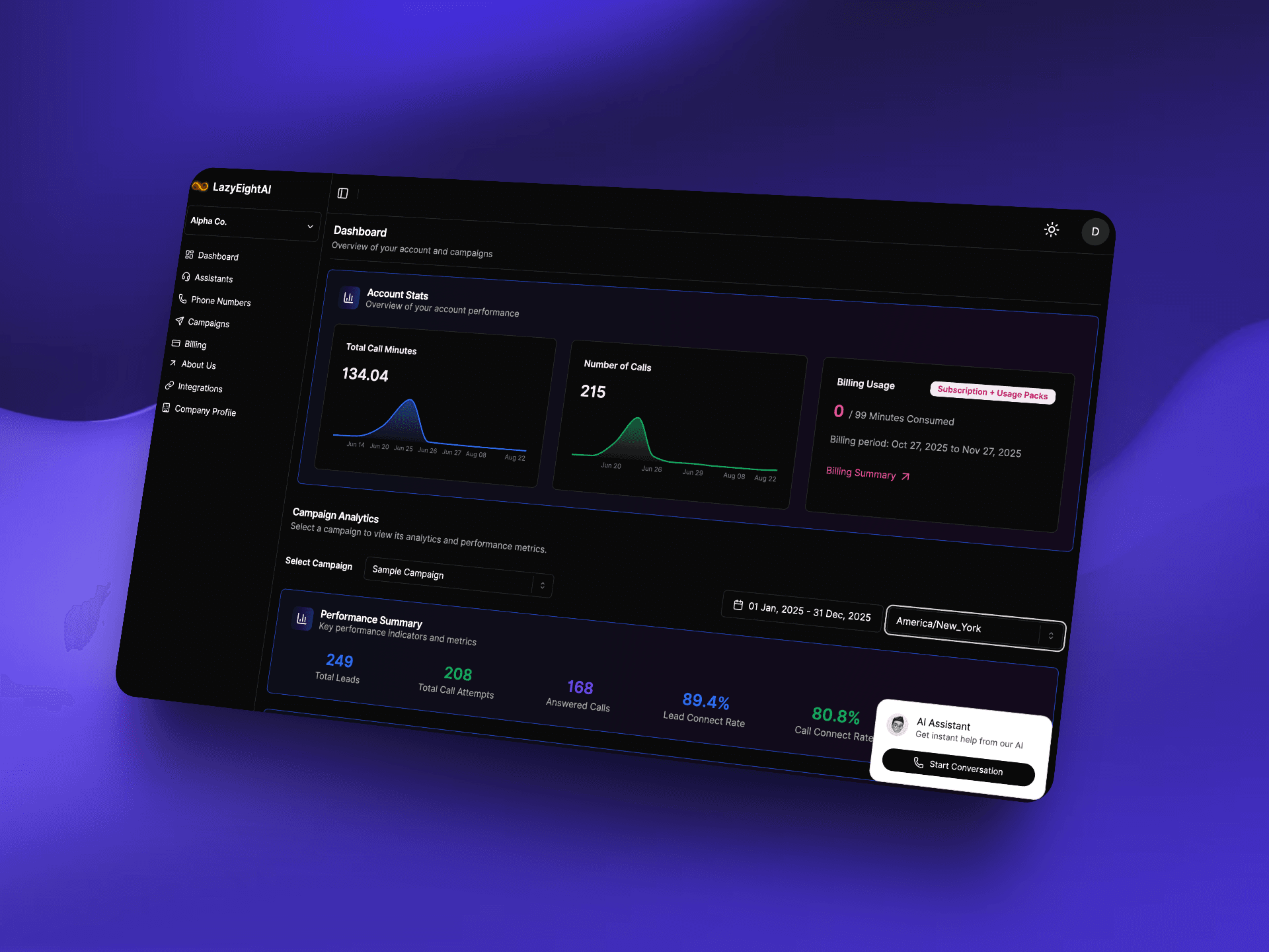 Awaz.ai alternative with client portal customization for voice AI white label agencies | VoiceAIWrapper - Fully branded white-label dashboard showing LazyEightAI client portal with custom logo, comprehensive navigation including campaigns, phone numbers, billing, and integrations, real-time analytics displaying 134.04 call minutes and 215 calls with performance graphs, billing usage tracking (0/150 minutes consumed for Oct 27, 2025 to Nov 27, 2025), campaign performance summary with 249 total leads, 89.4% lead connect rate, 80.8% call connect rate, and embedded AI Assistant chat widget - Complete white-label customization for voice AI agencies to deliver branded client experiences | VoiceAIWrapper