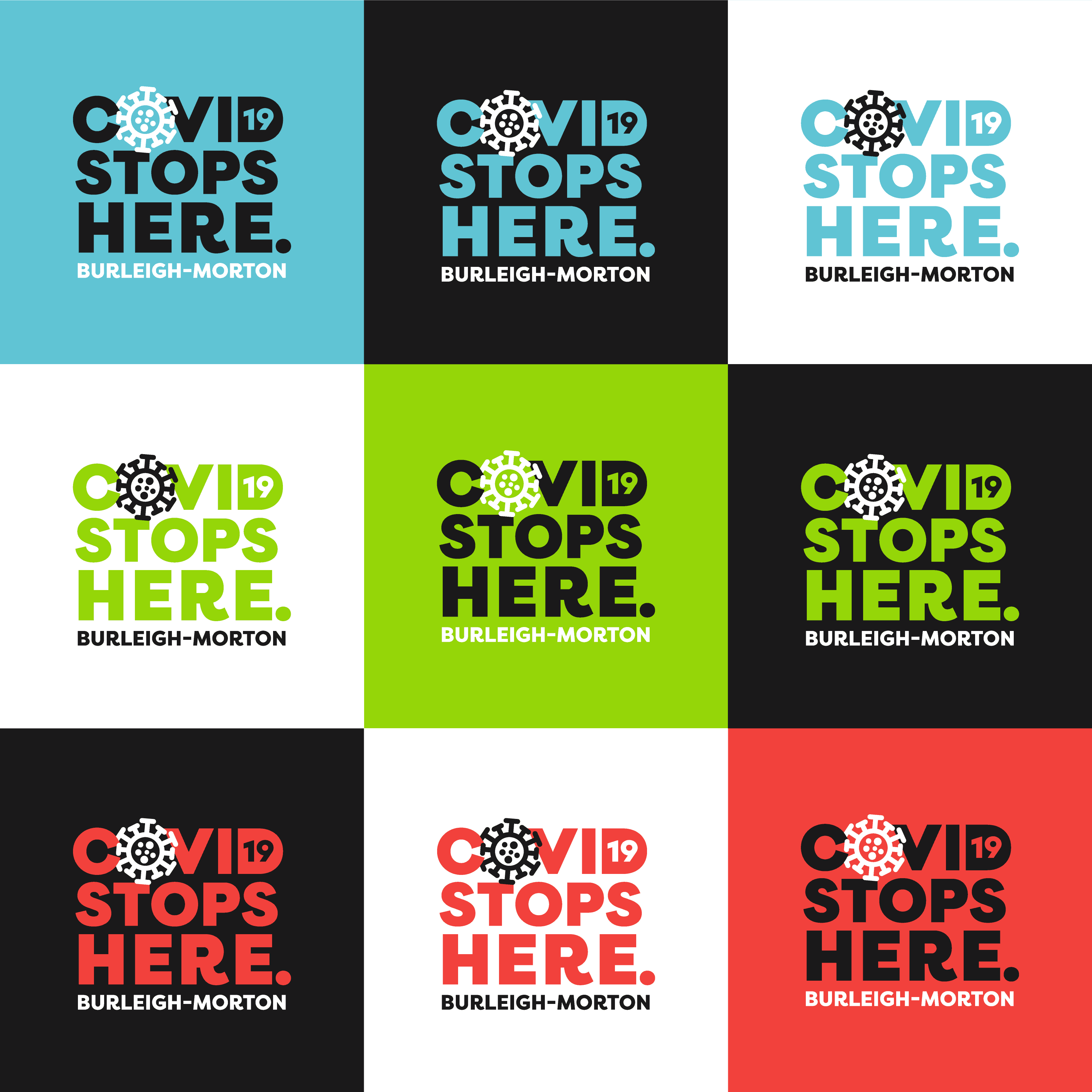 COVID Stops here graphic in many colors