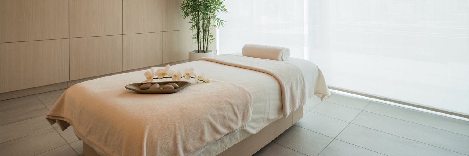 Moderner Spa-Raum mit Massageliege und natürlicher Dekoration – perfekt für Anwendungen mit Carbon-Technologie