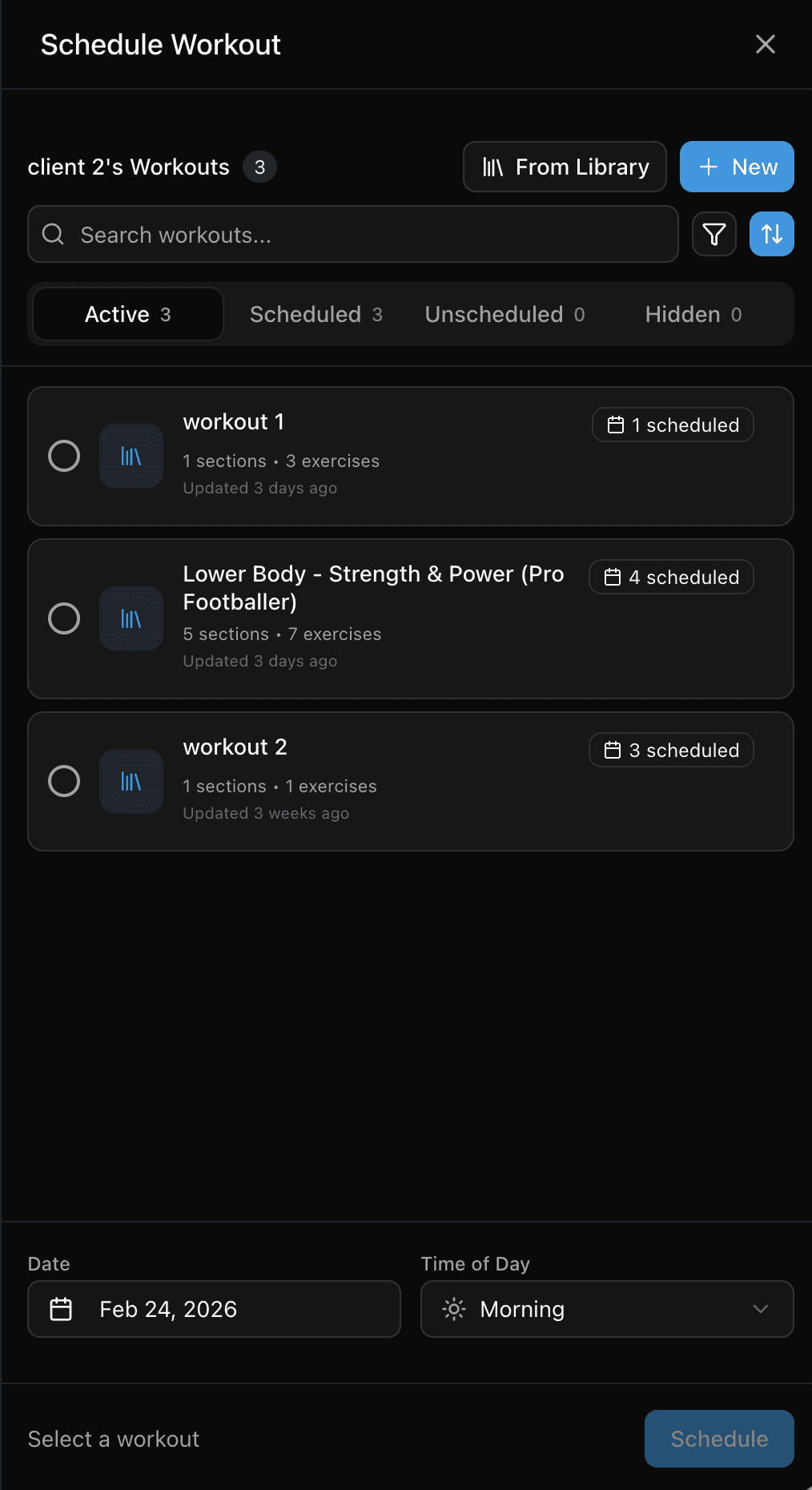 workout scheduling page