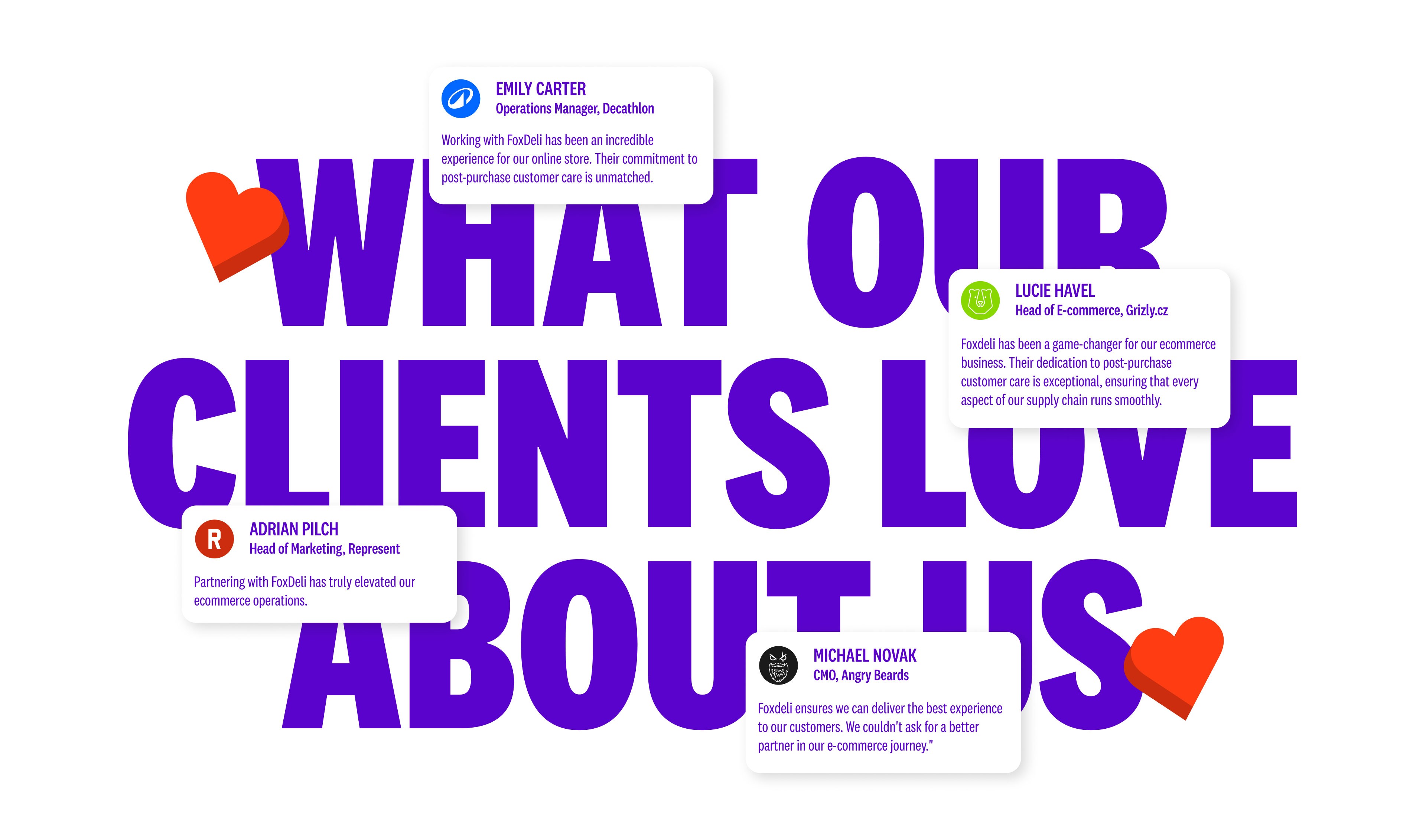 Screenshot from the Foxdeli website showing the testimonials section with bold typography and floating client review cards