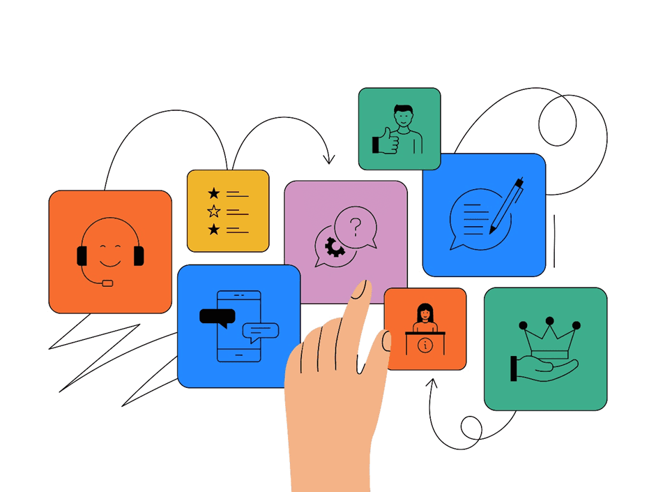 Flat illustration of a hand selecting customer service icons representing creator campaign management touchpoints