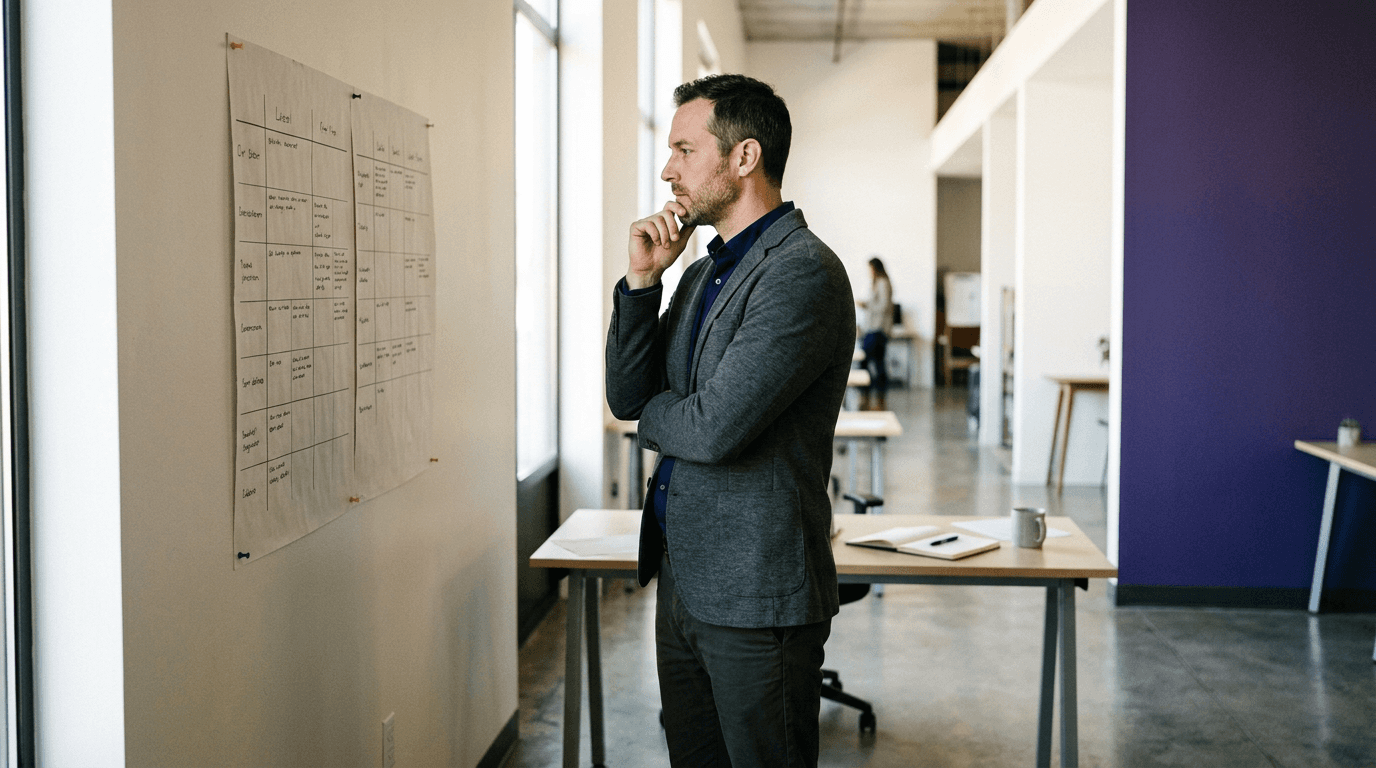 Communications professional reviewing a structured comparison chart on a wall in a modern office