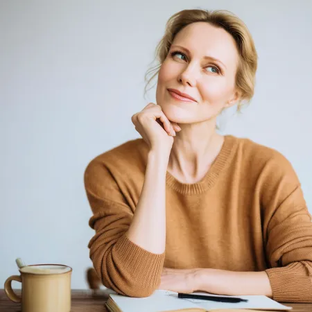 Free emotional support prompt for menopause coaches on midlife identity check-in, showing a reflective midlife woman in a terracotta sweater journaling at a wooden table with a mug in soft natural light