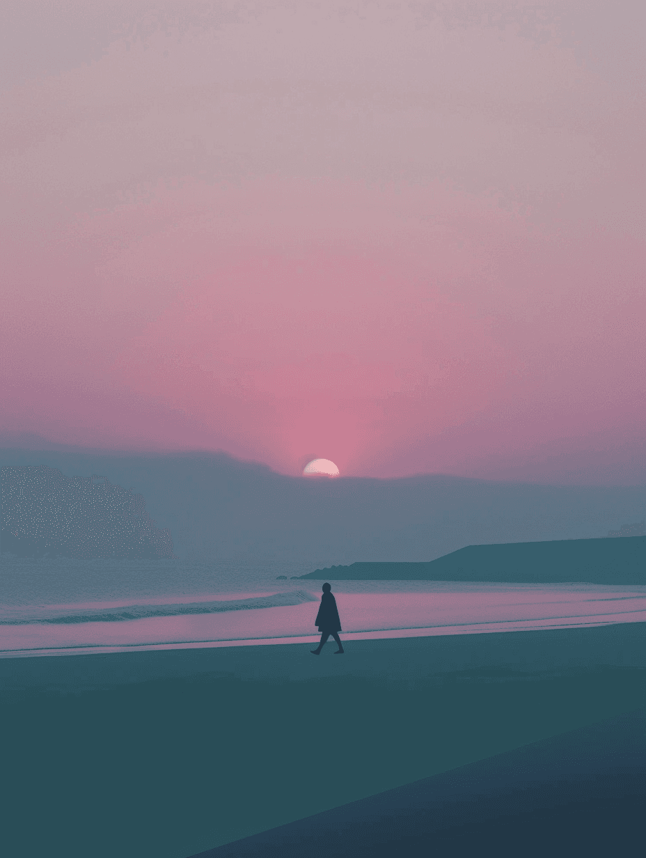 a lone figure walking on a peaceful beach at sunset