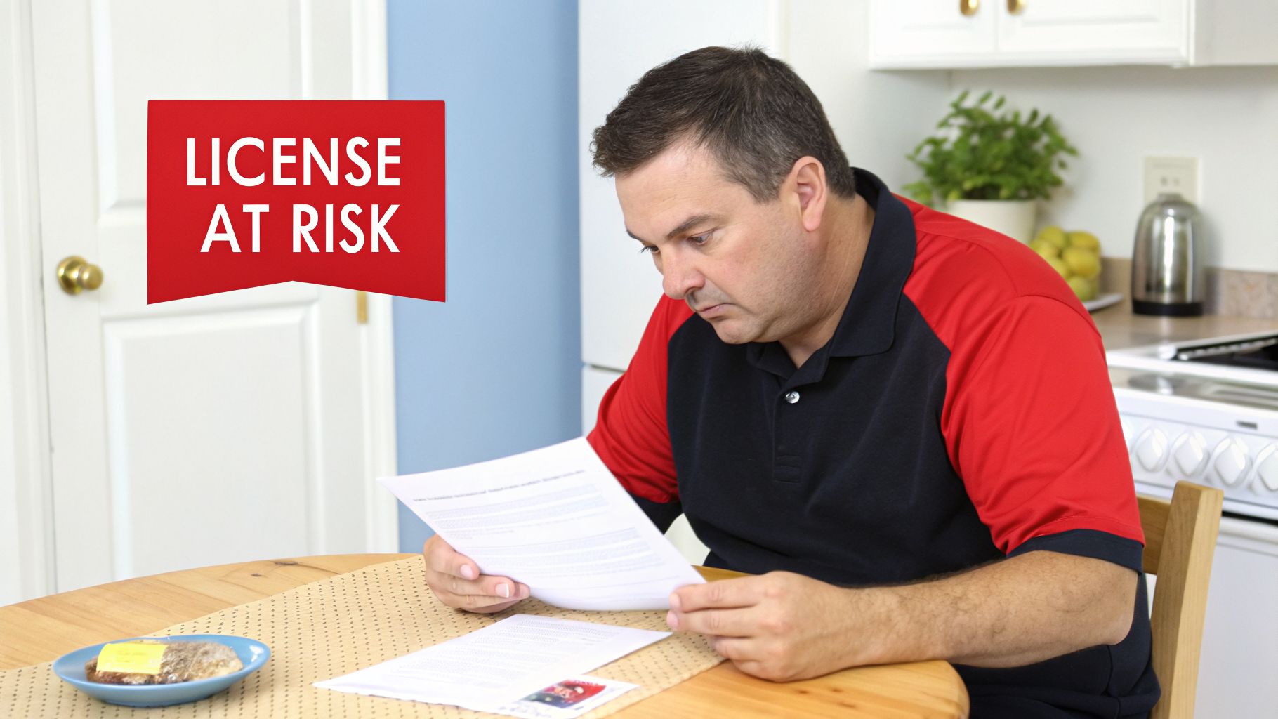 A concerned man reads documents about his driver's license being at risk at home.